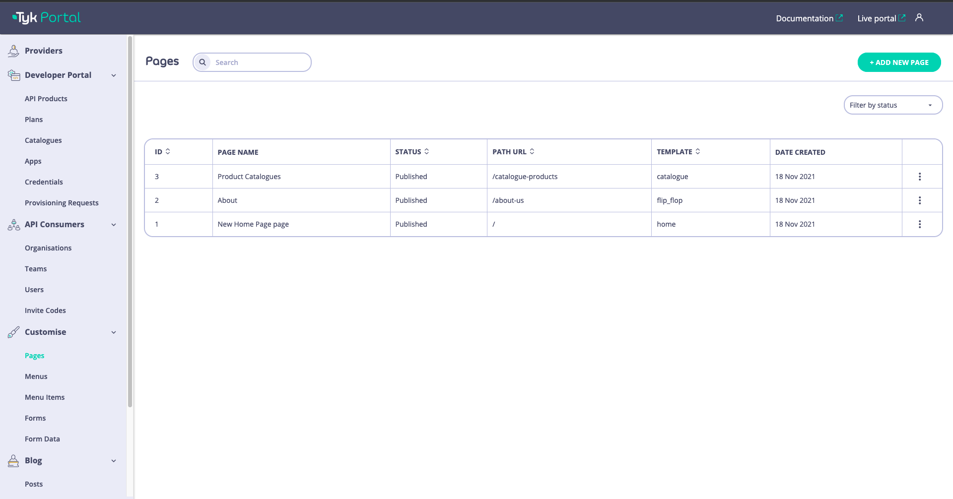 The pages section within the Tyk Enterprise Portal app