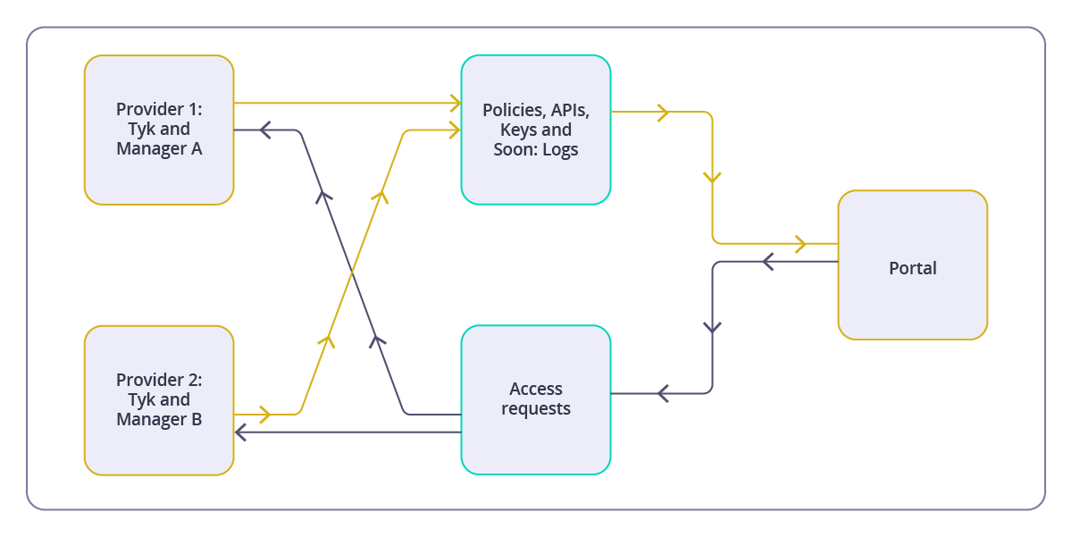 Relationship between Tyk Developer Portal and two API Providers