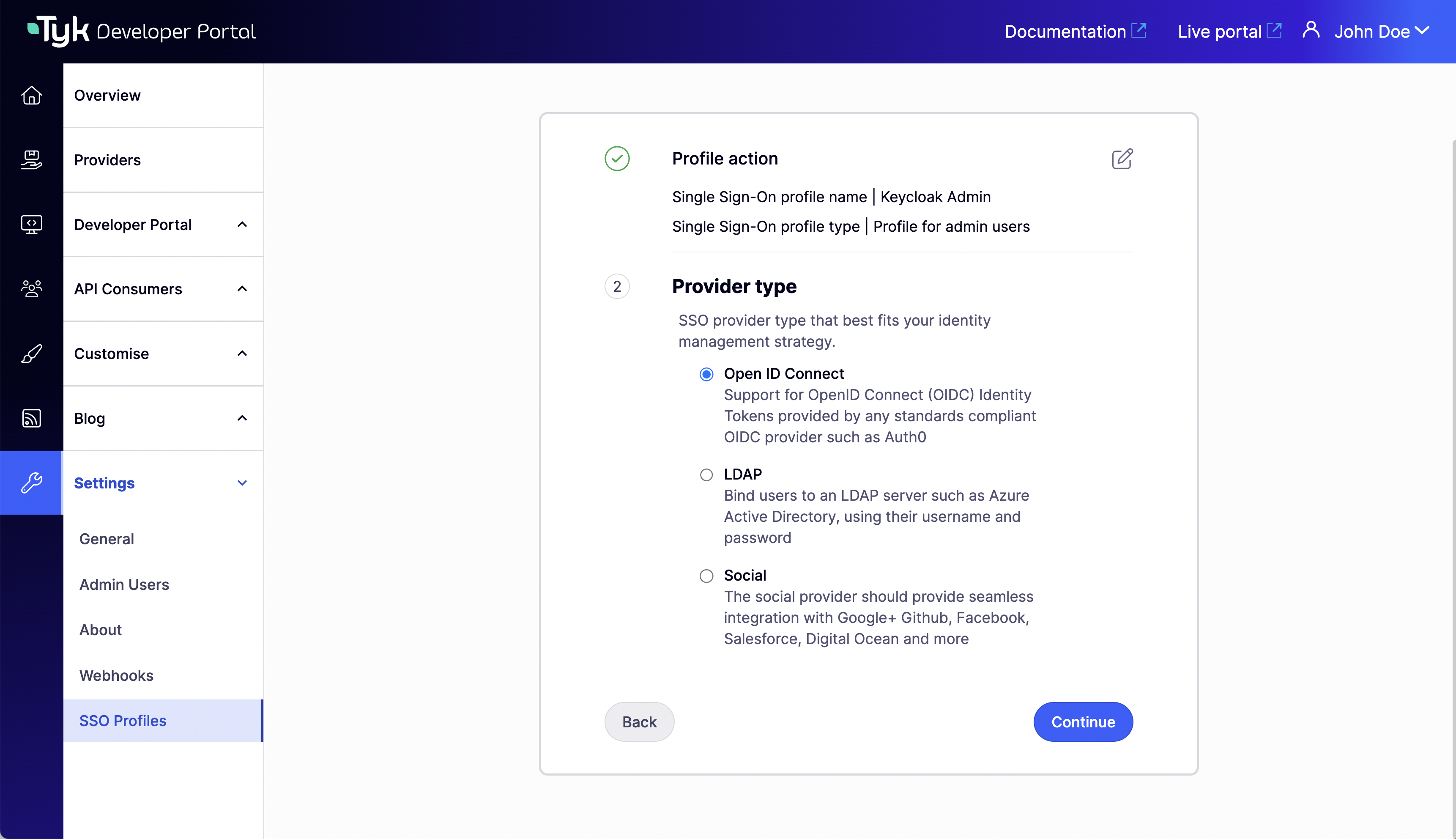 SSO Profiles Wizard - Provider type selection