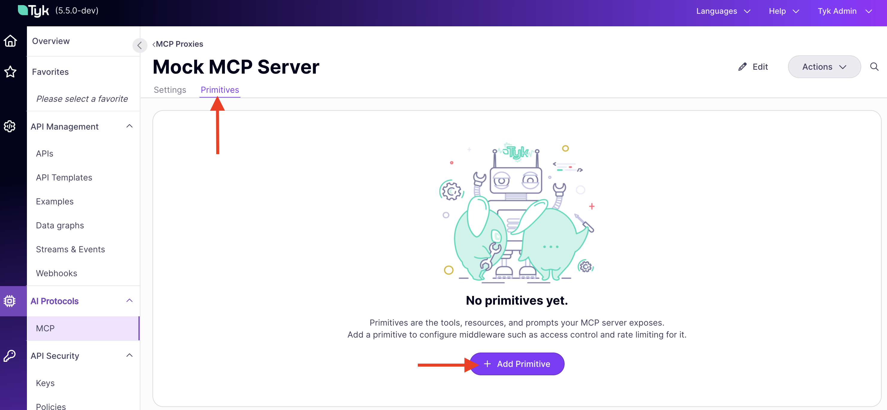 Primitives tab on the Mock MCP Server proxy