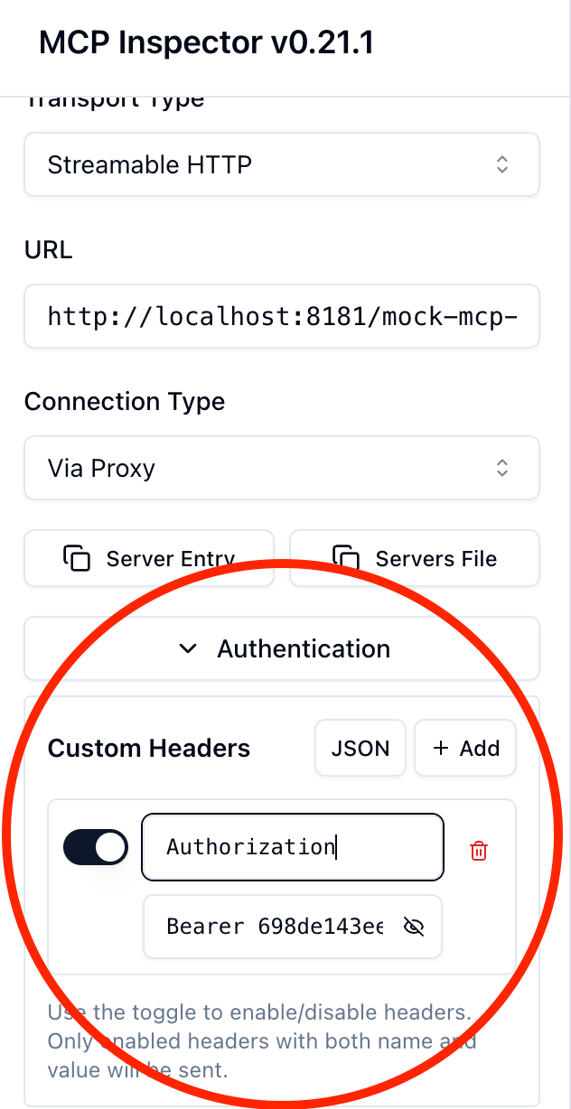 MCP Inspector connected with API key