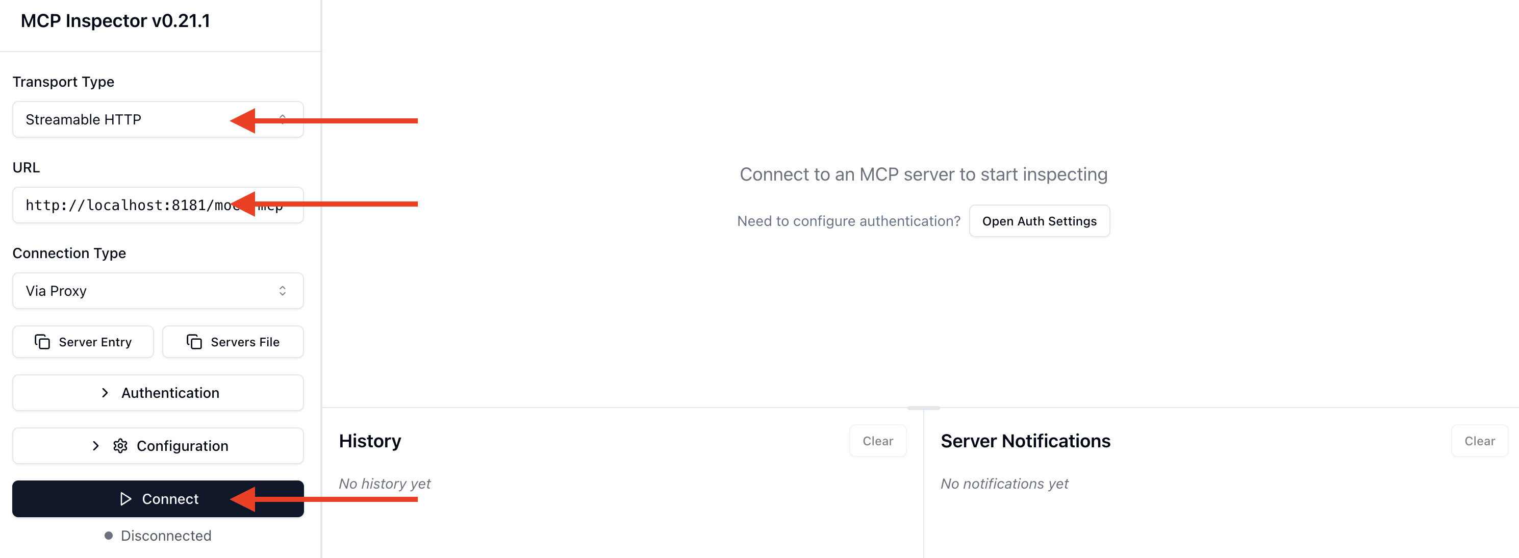 MCP Inspector connect