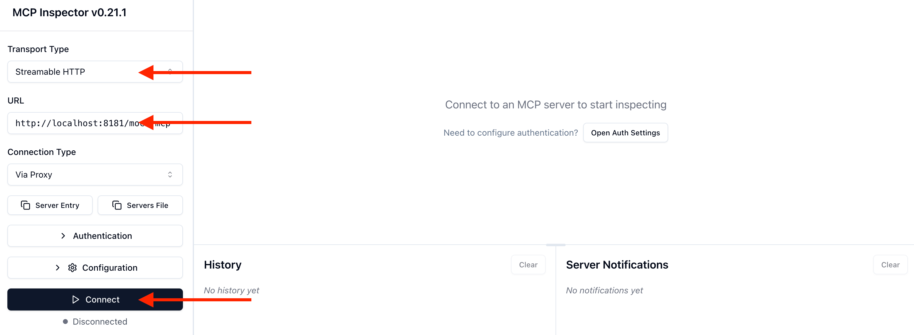 MCP Inspector connect