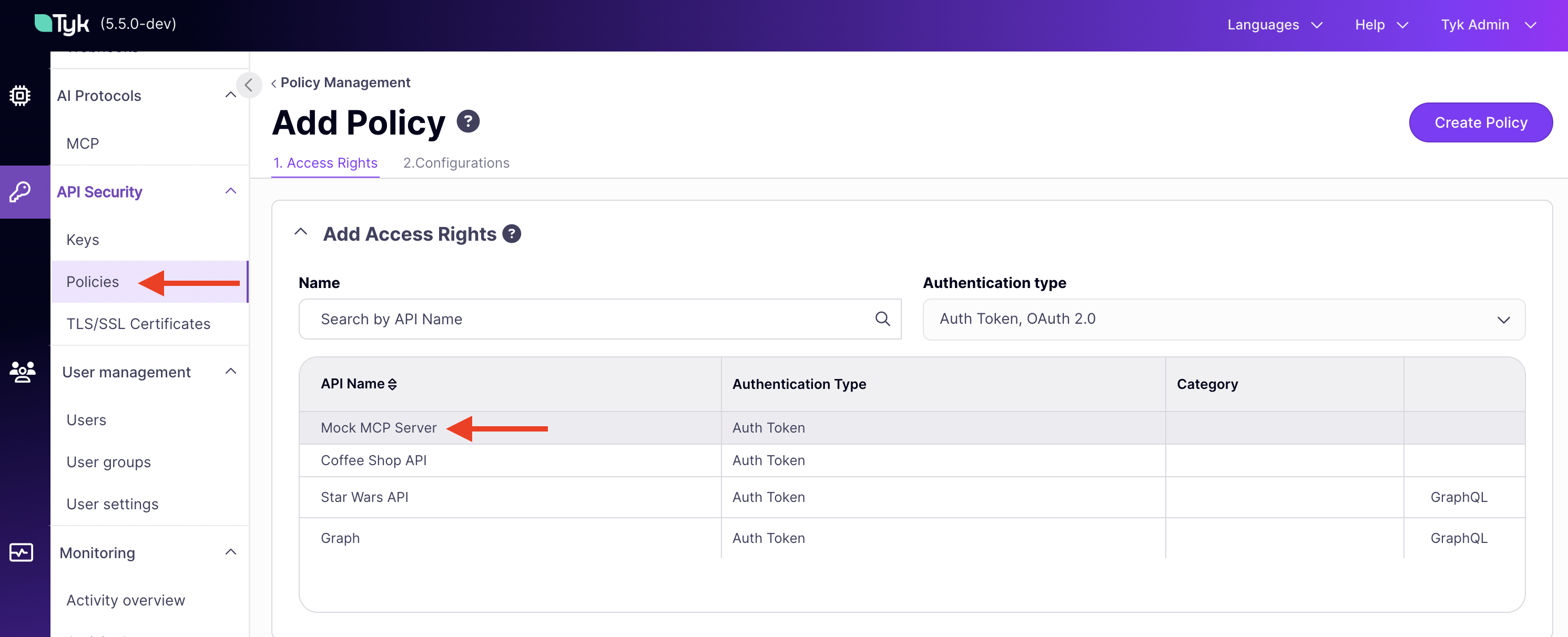 Select Mock MCP Server from the API list