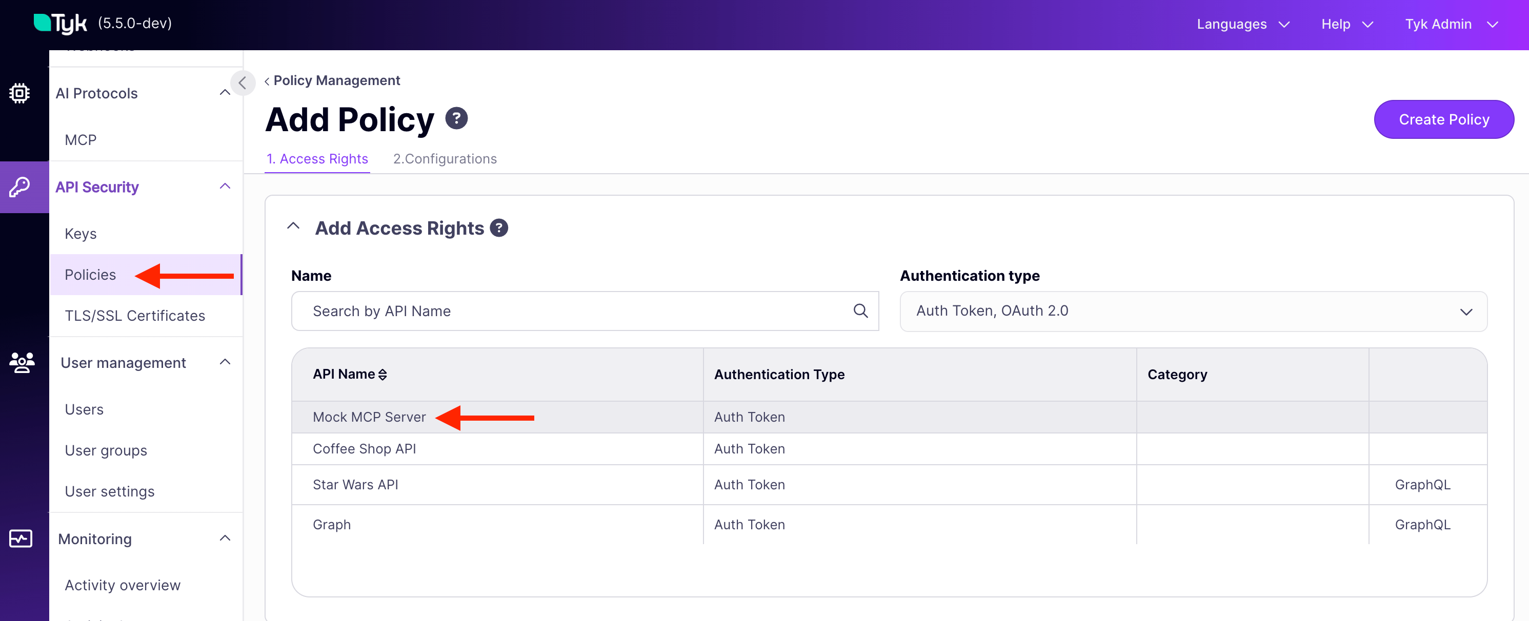 Select Mock MCP Server from the API list
