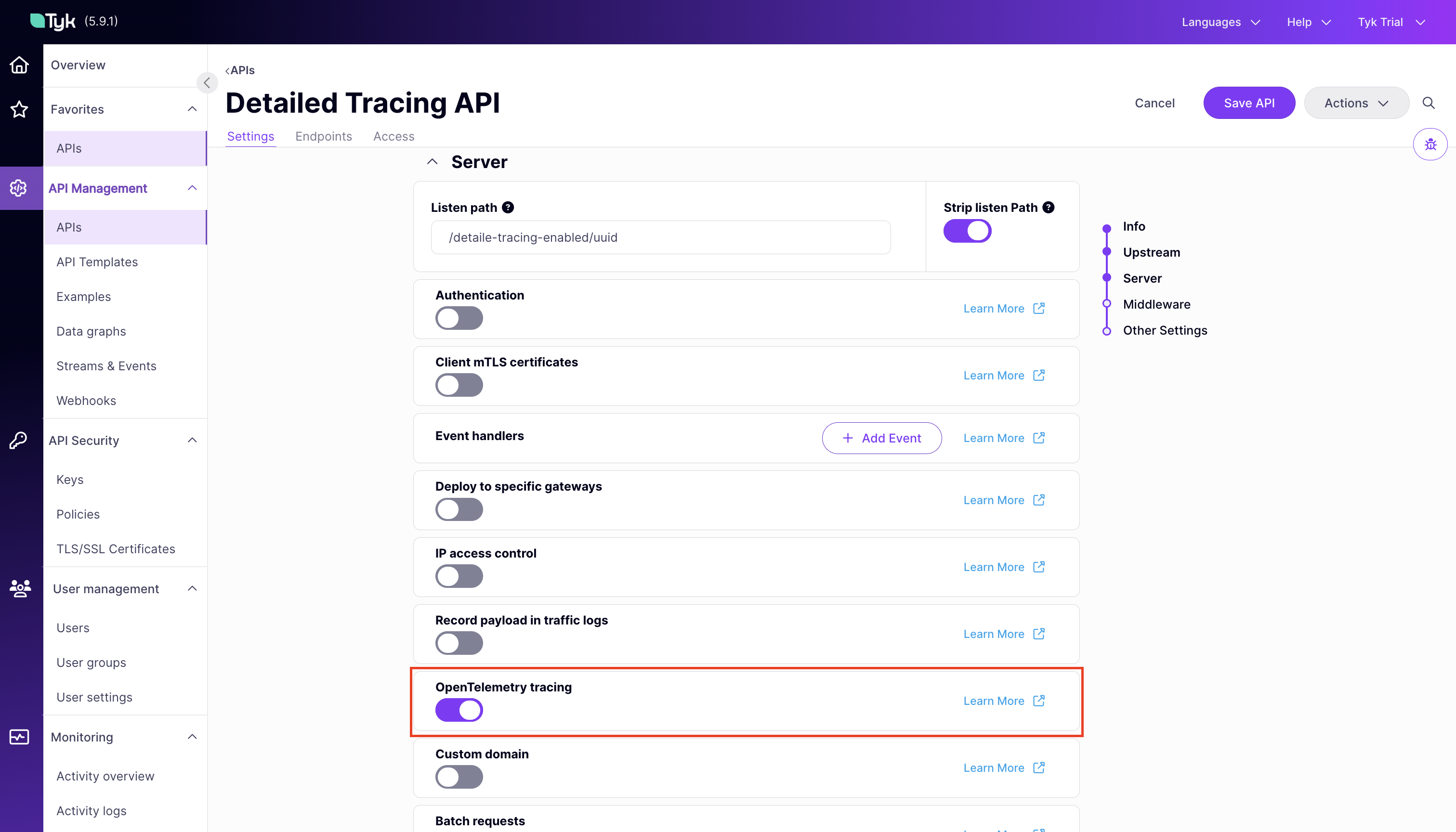 OpenTelemetry Tracing toggle in the Tyk OAS API Designer