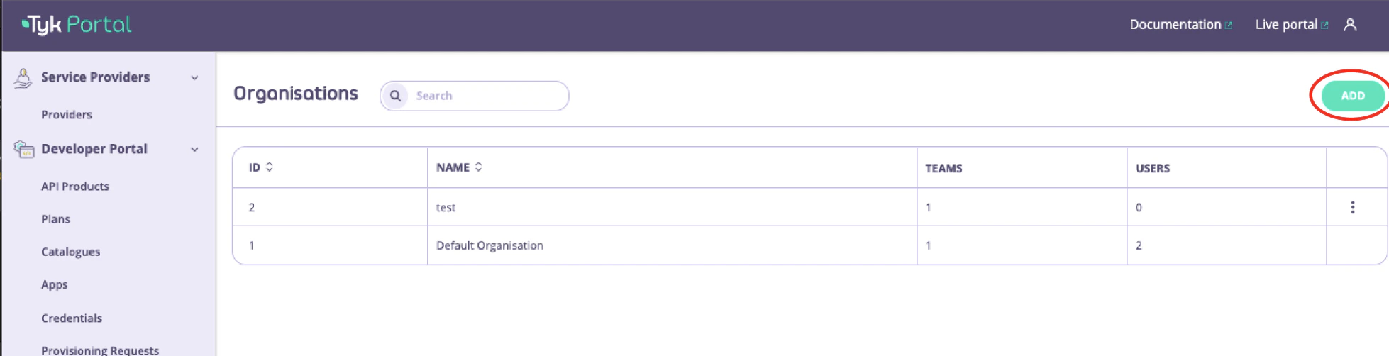 Click on Add to create a new Organisation