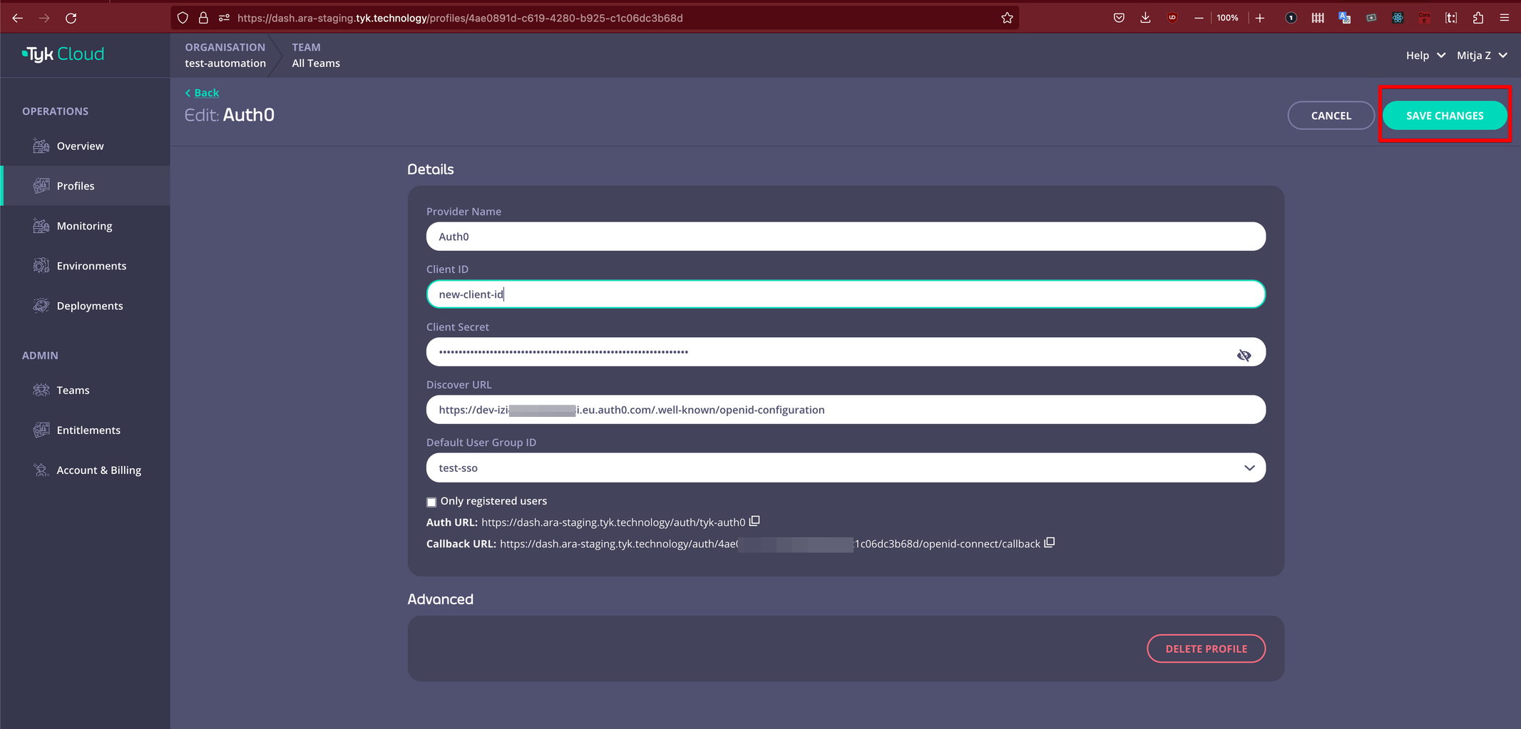 Tyk Cloud SSO save edit selection
