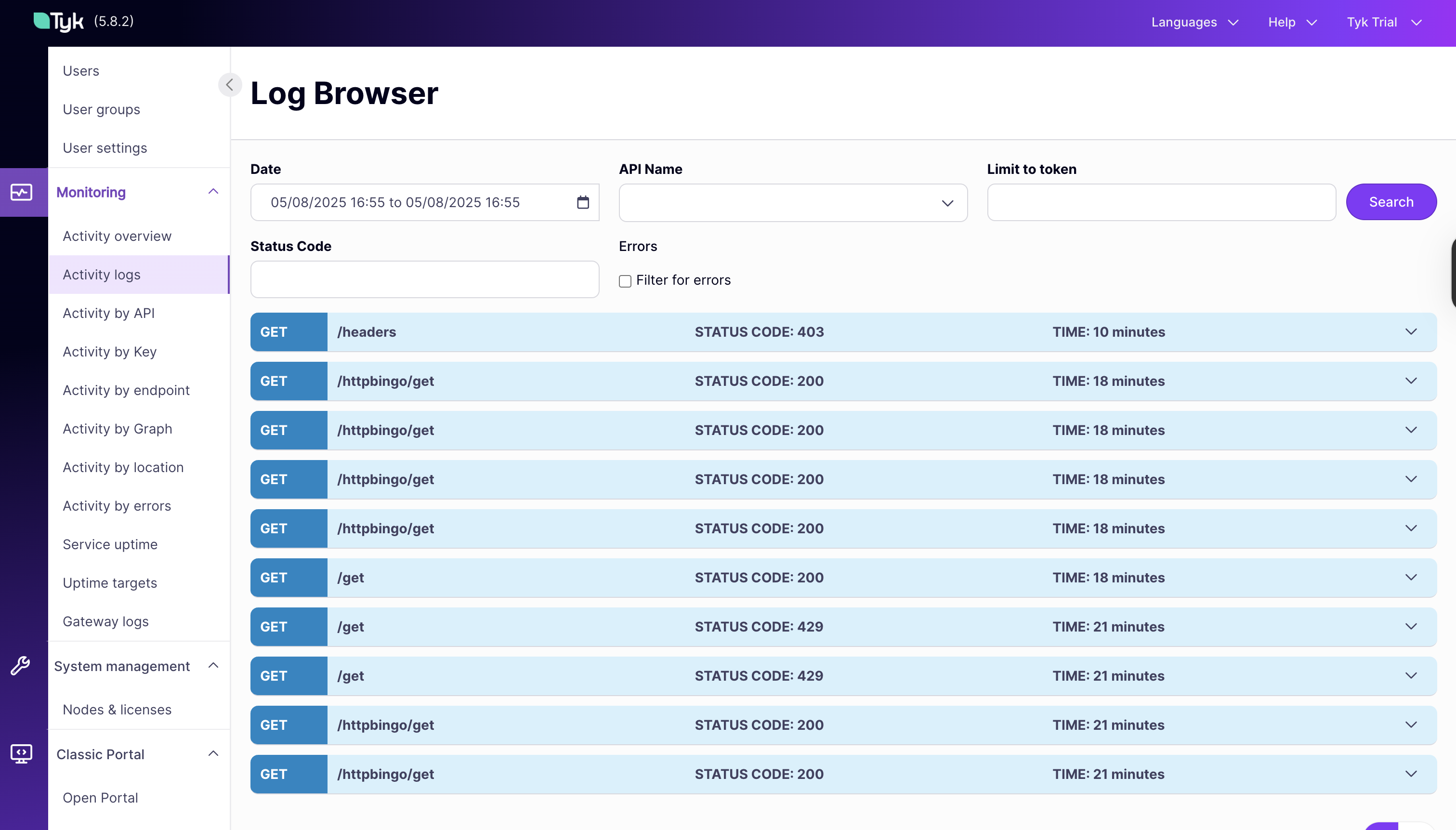 Docker Container Status of Tyk Self Managed Trial