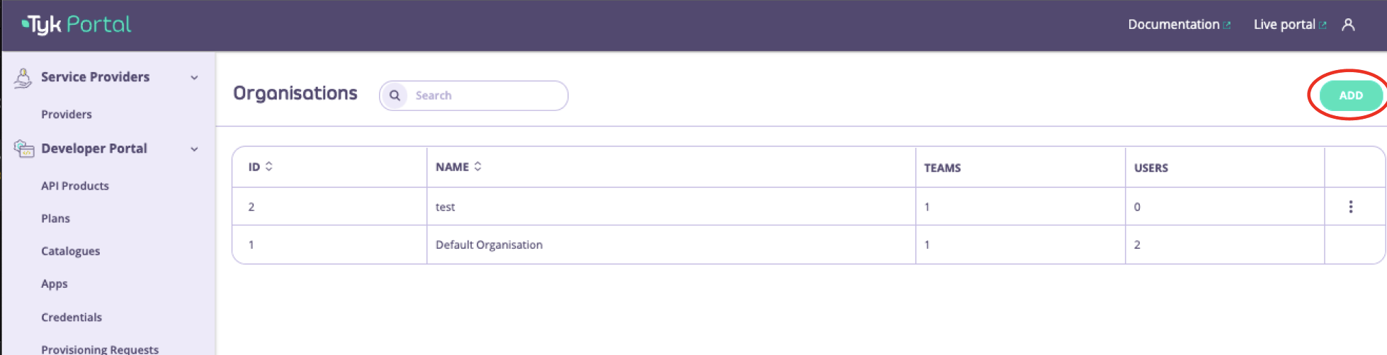Click on Add to create a new Organisation