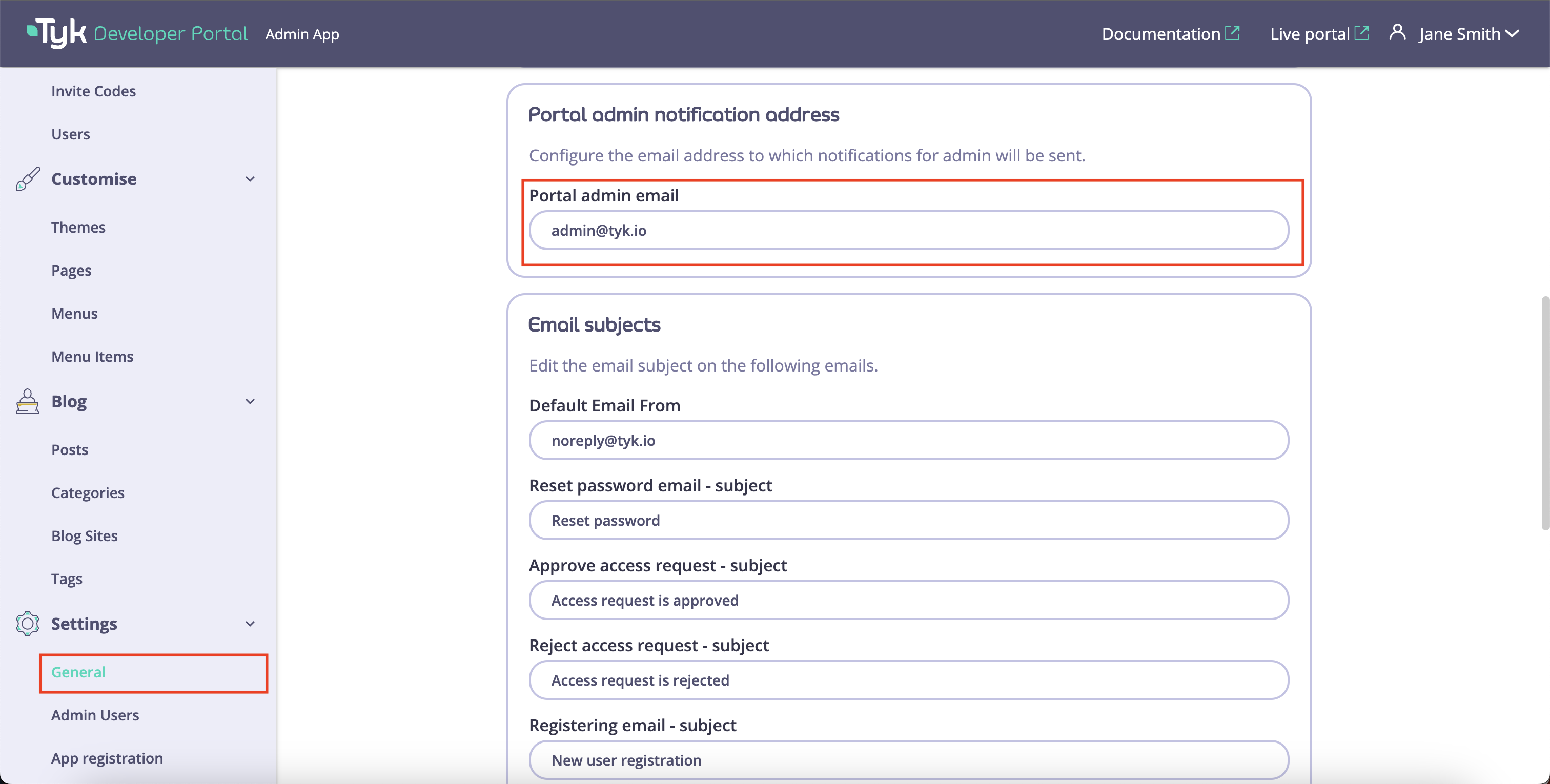 Portal admin notification address settings