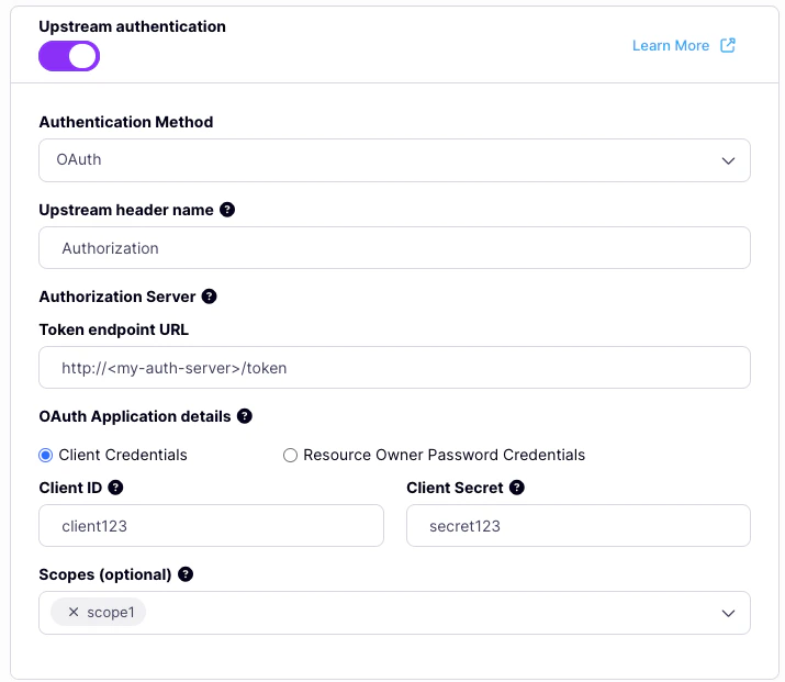 Tyk OAS API Designer showing Upstream OAuth client credentials configuration options