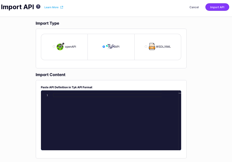 Loading the API definition into Tyk Dashboard