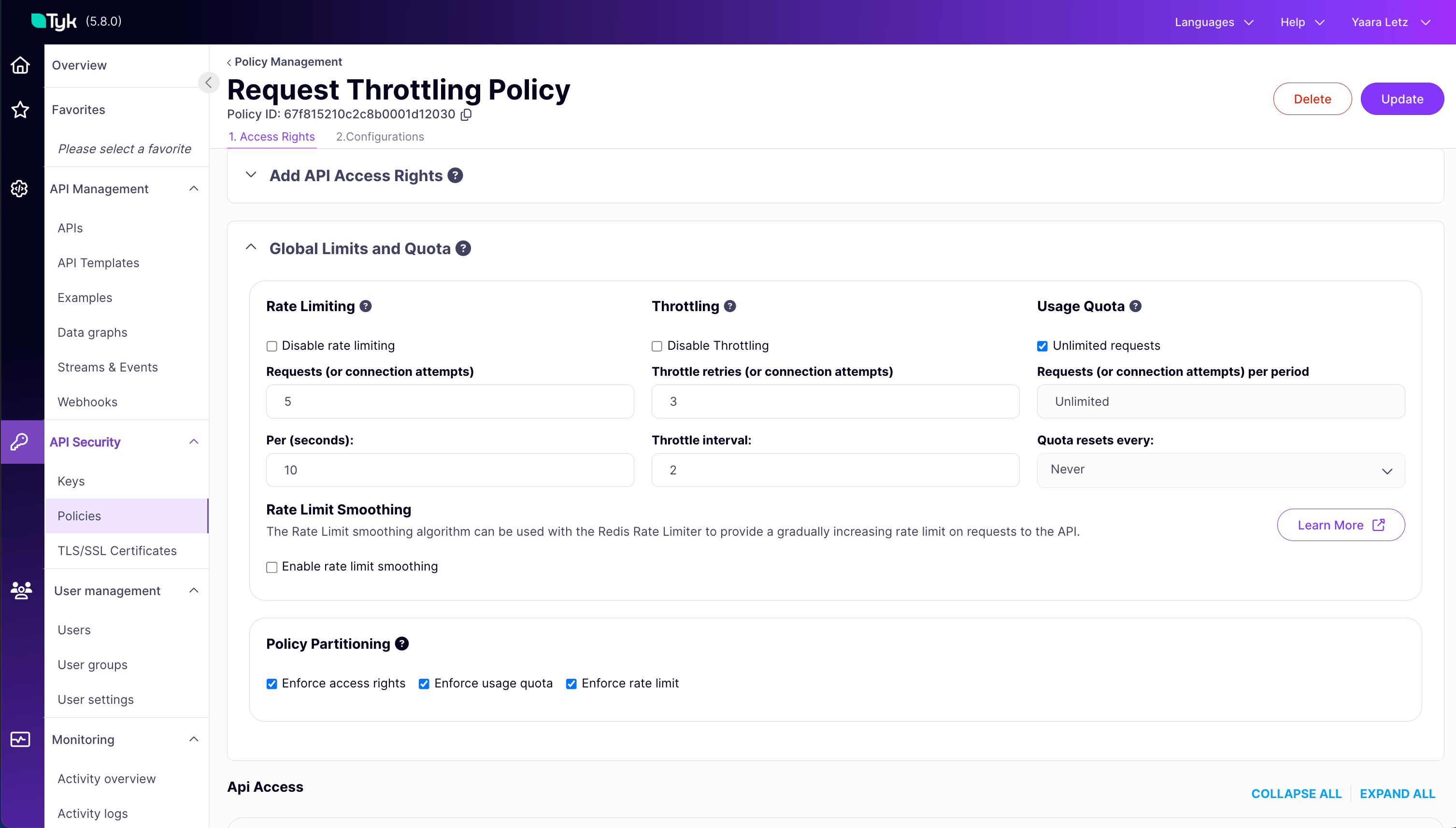 policy with throttling configured