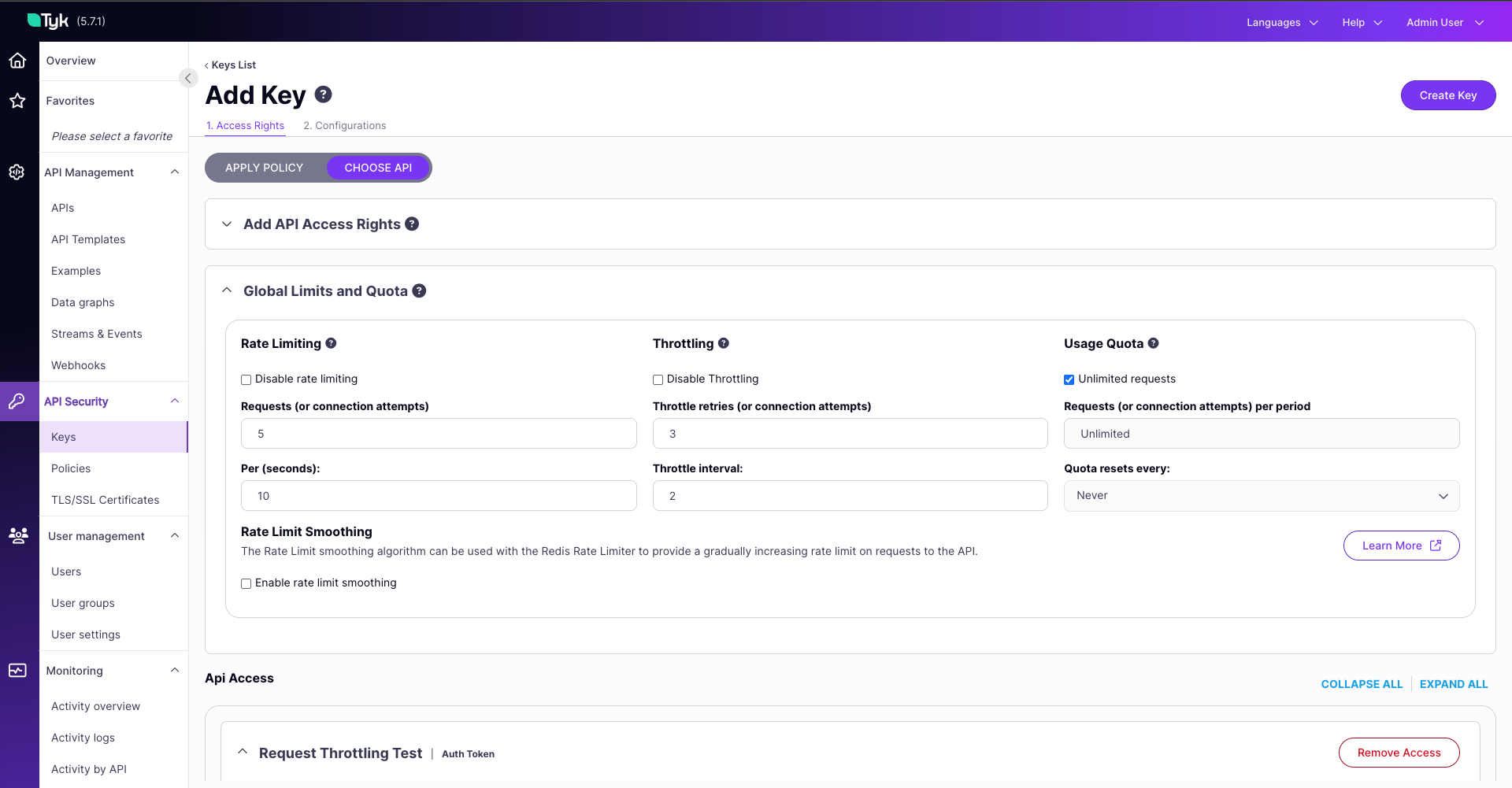 access key with throttling configured