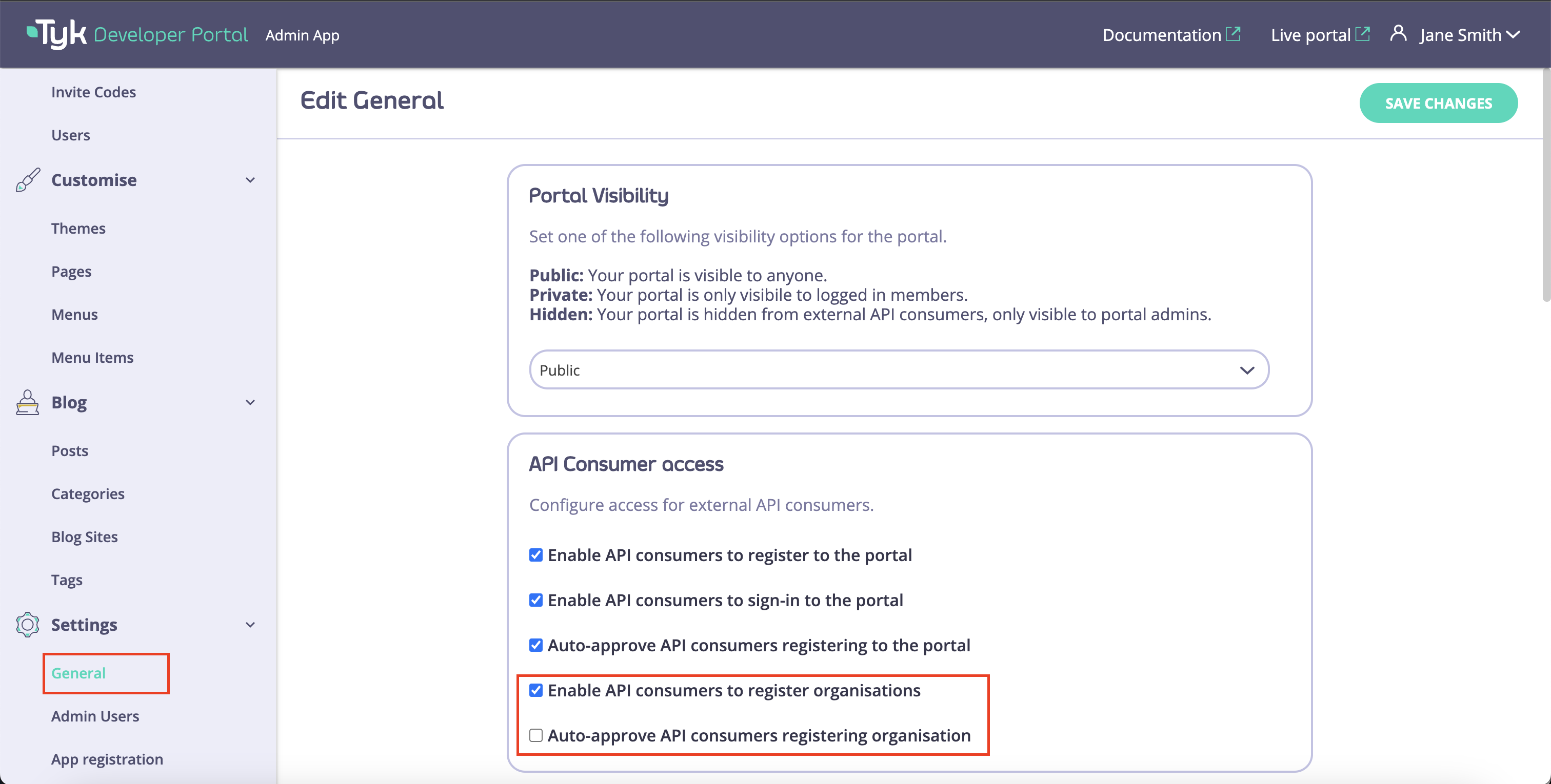 Organisation registration settings