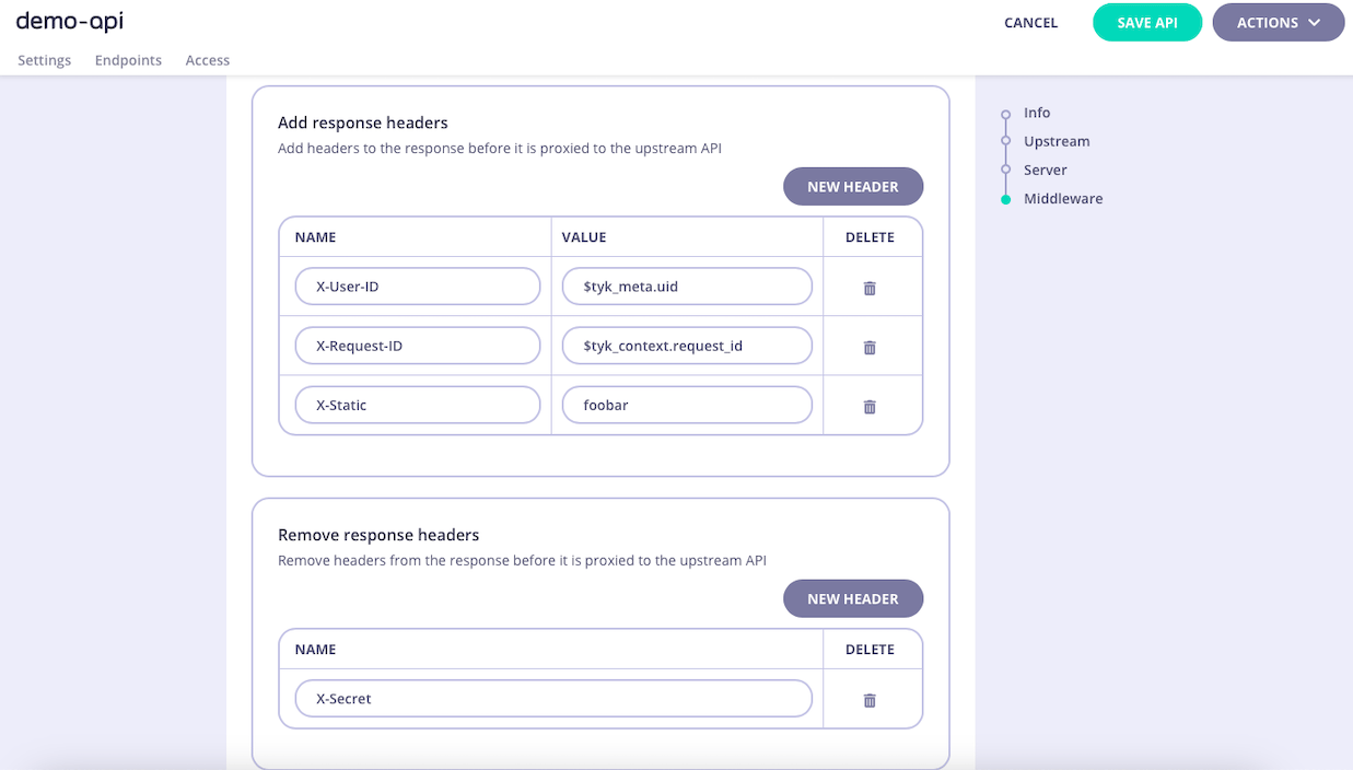Configuring the API-level Response Header Transform in Tyk OAS API Designer