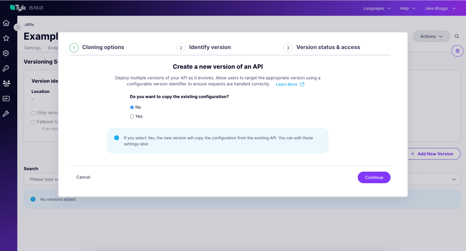 Creating a new version of a Tyk OAS API using the version creation wizard