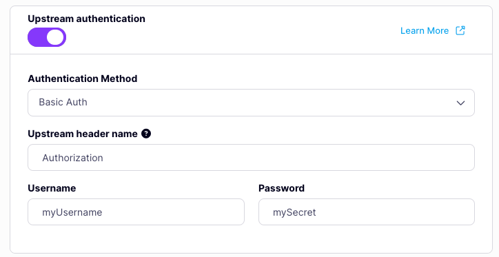 Tyk OAS API Designer showing Upstream Basic Auth configuration options