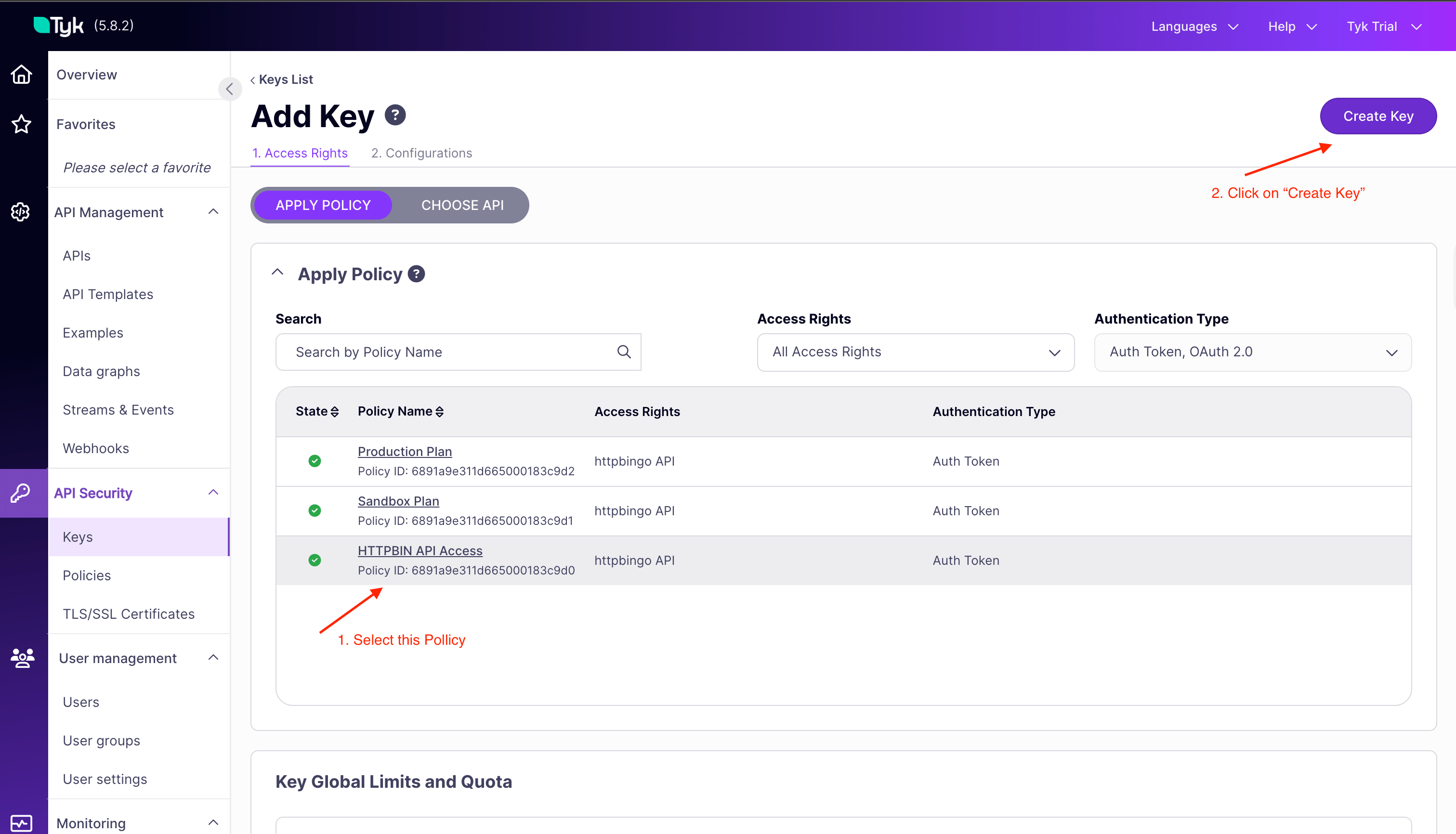 Click on Create Key