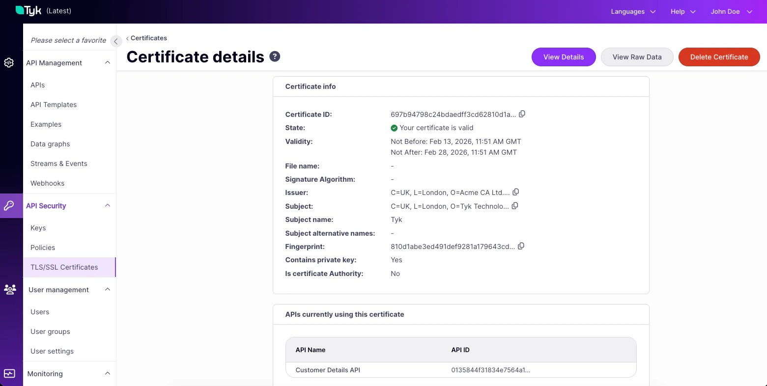Dashboard showing details of a certificate in the store
