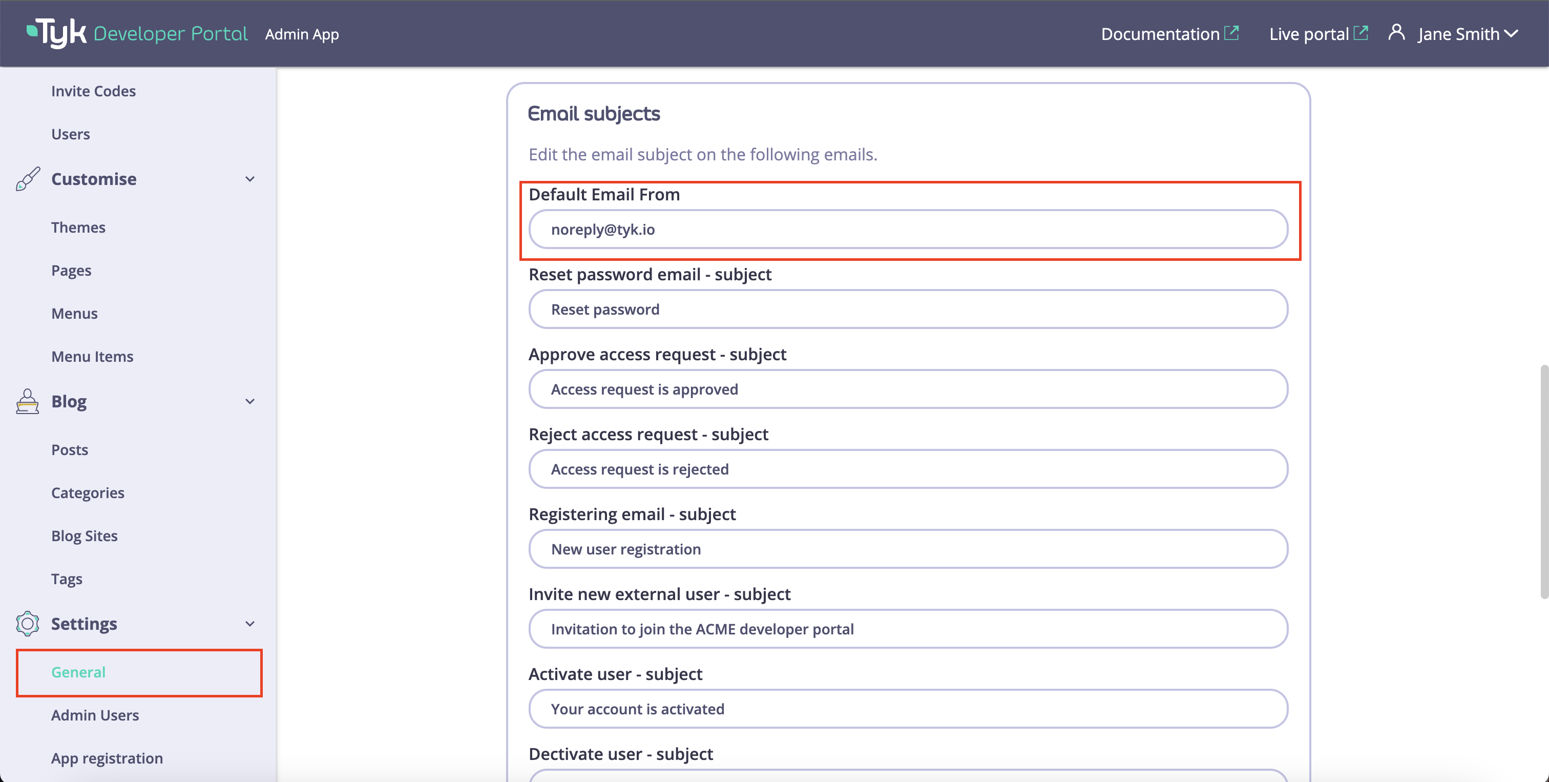 Default from email settings