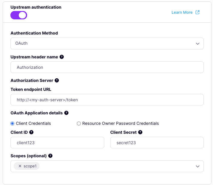 Tyk OAS API Designer showing Upstream OAuth client credentials configuration options