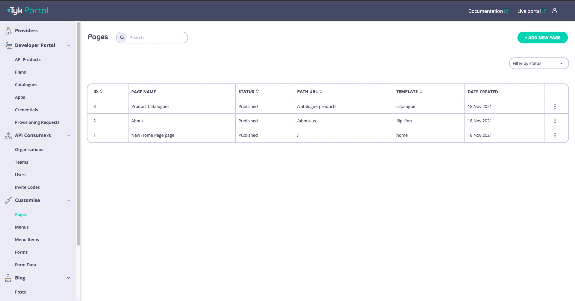 The pages section within the Tyk Enterprise Portal app