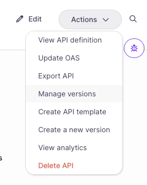 New menu option to manage versions