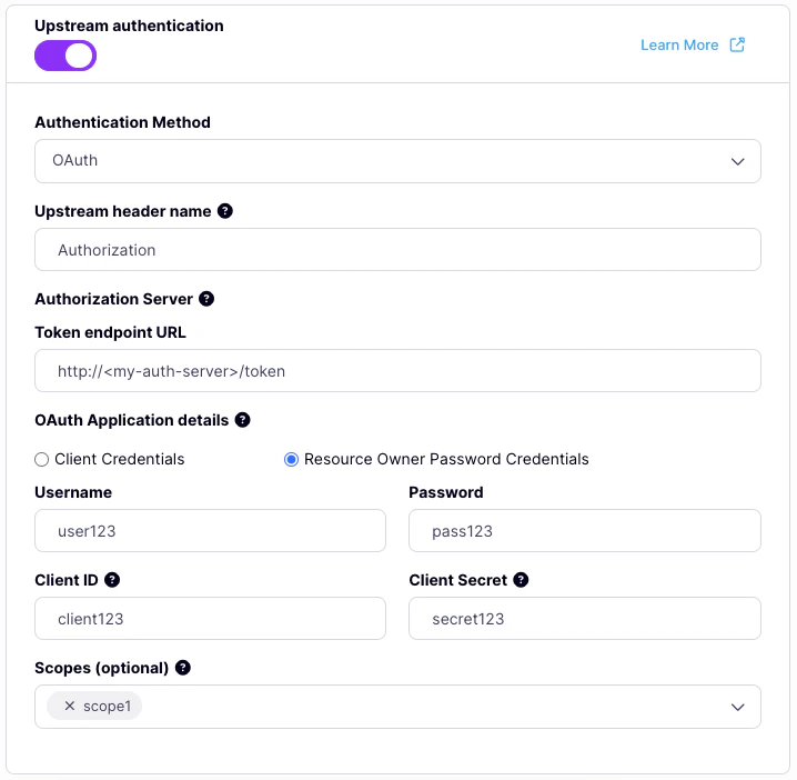 Tyk OAS API Designer showing Upstream OAuth password grant configuration options