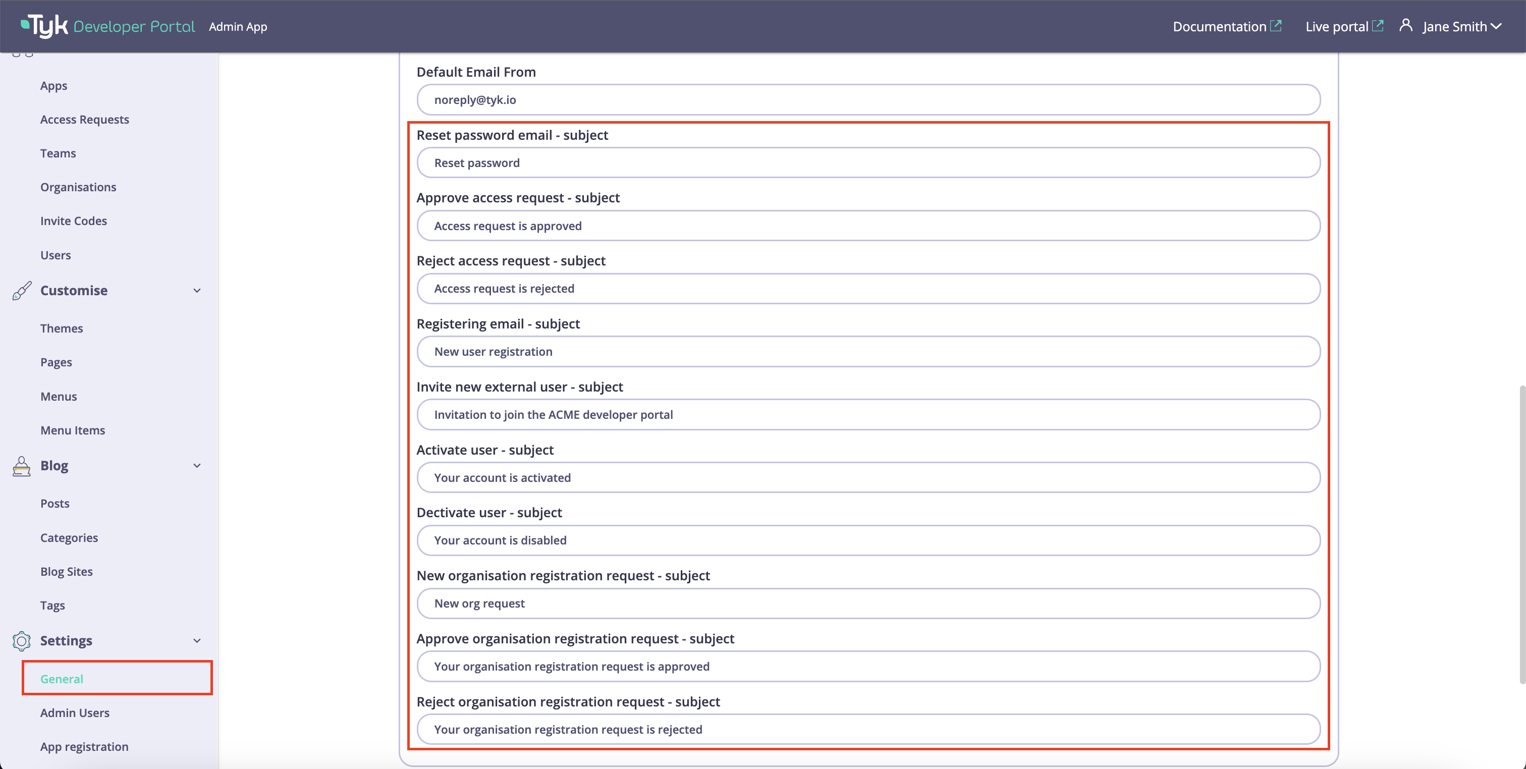 Email subject settings