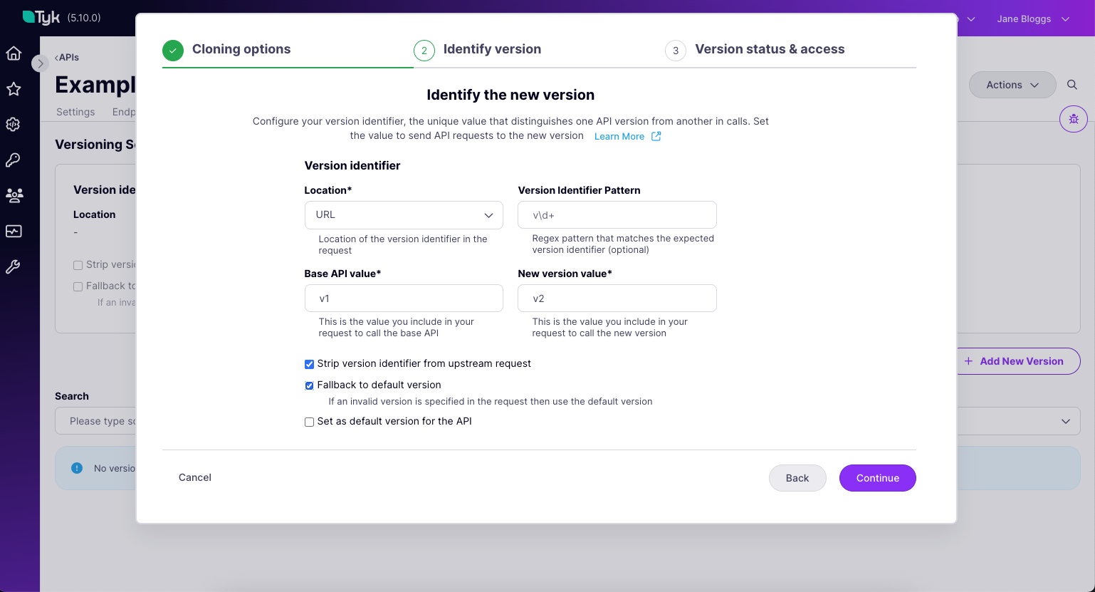 Configuring the version identifier from the version creation wizard
