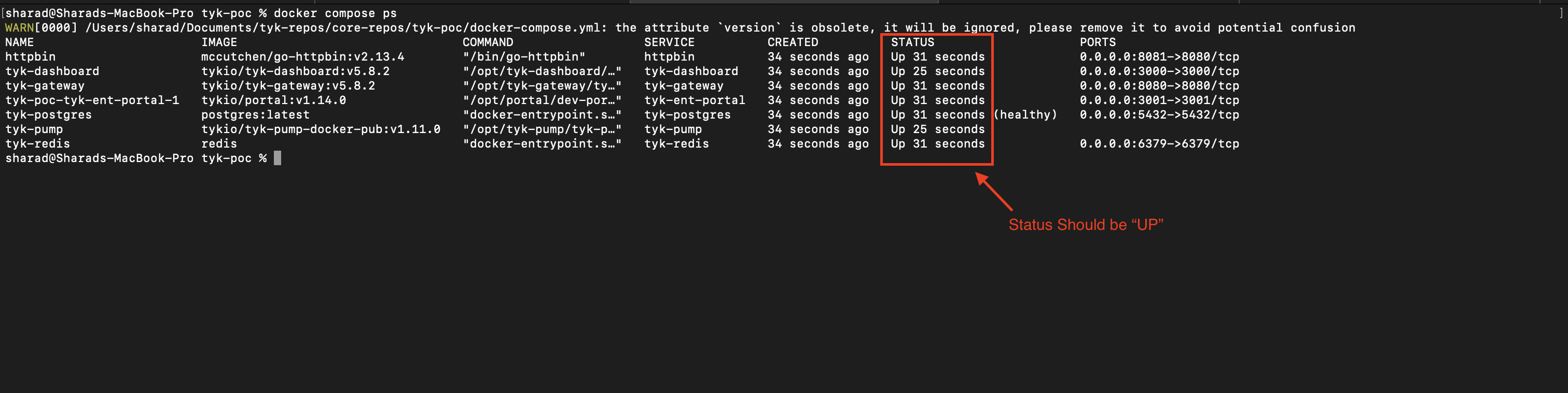 Docker Container Status of Tyk Self Managed Trial