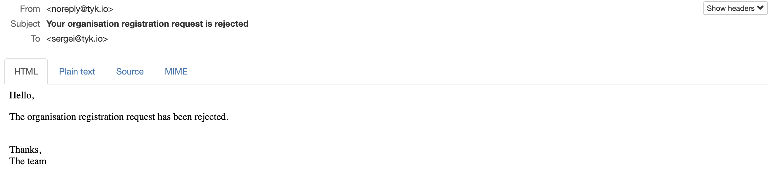 Organization registration request is rejected