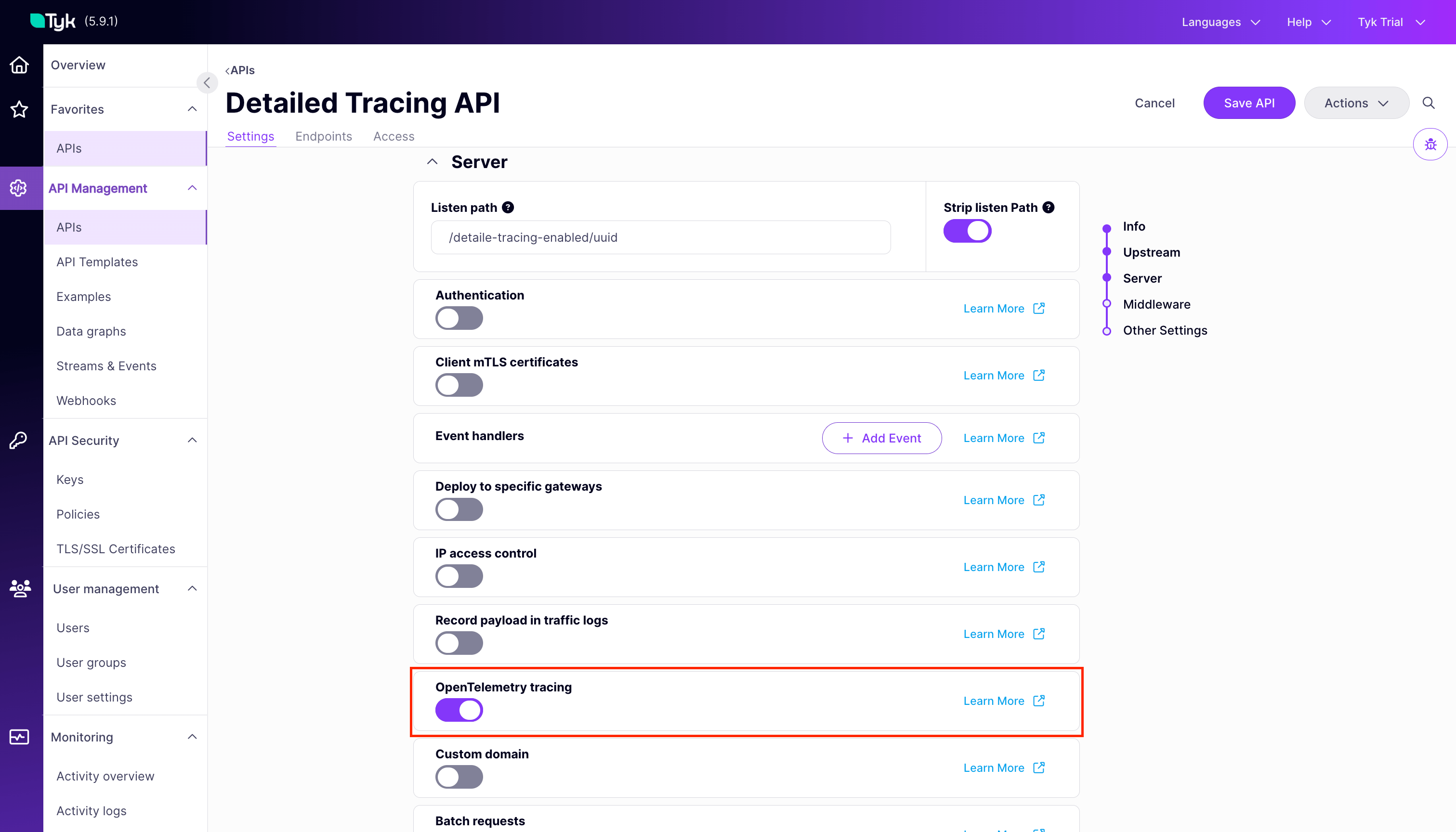 OpenTelemetry Tracing toggle in the Tyk OAS API Designer
