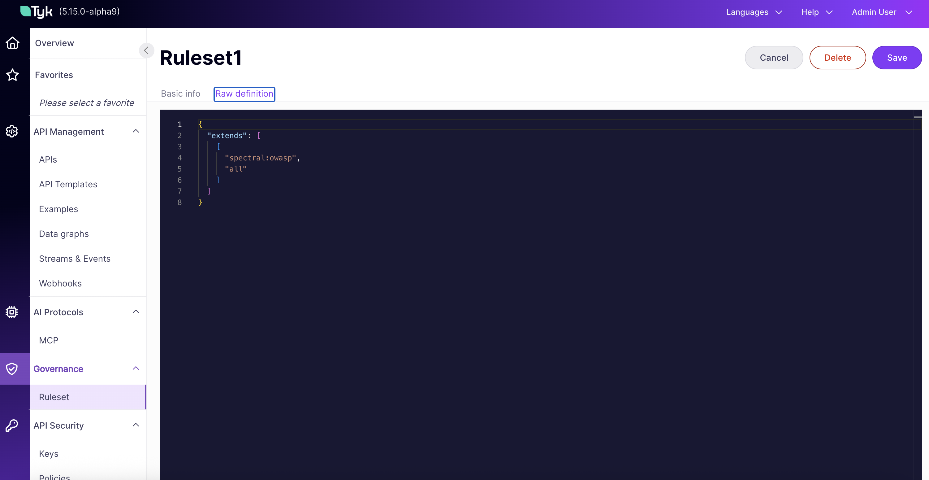 Ruleset edit page, Raw definition tab showing the full ruleset JSON