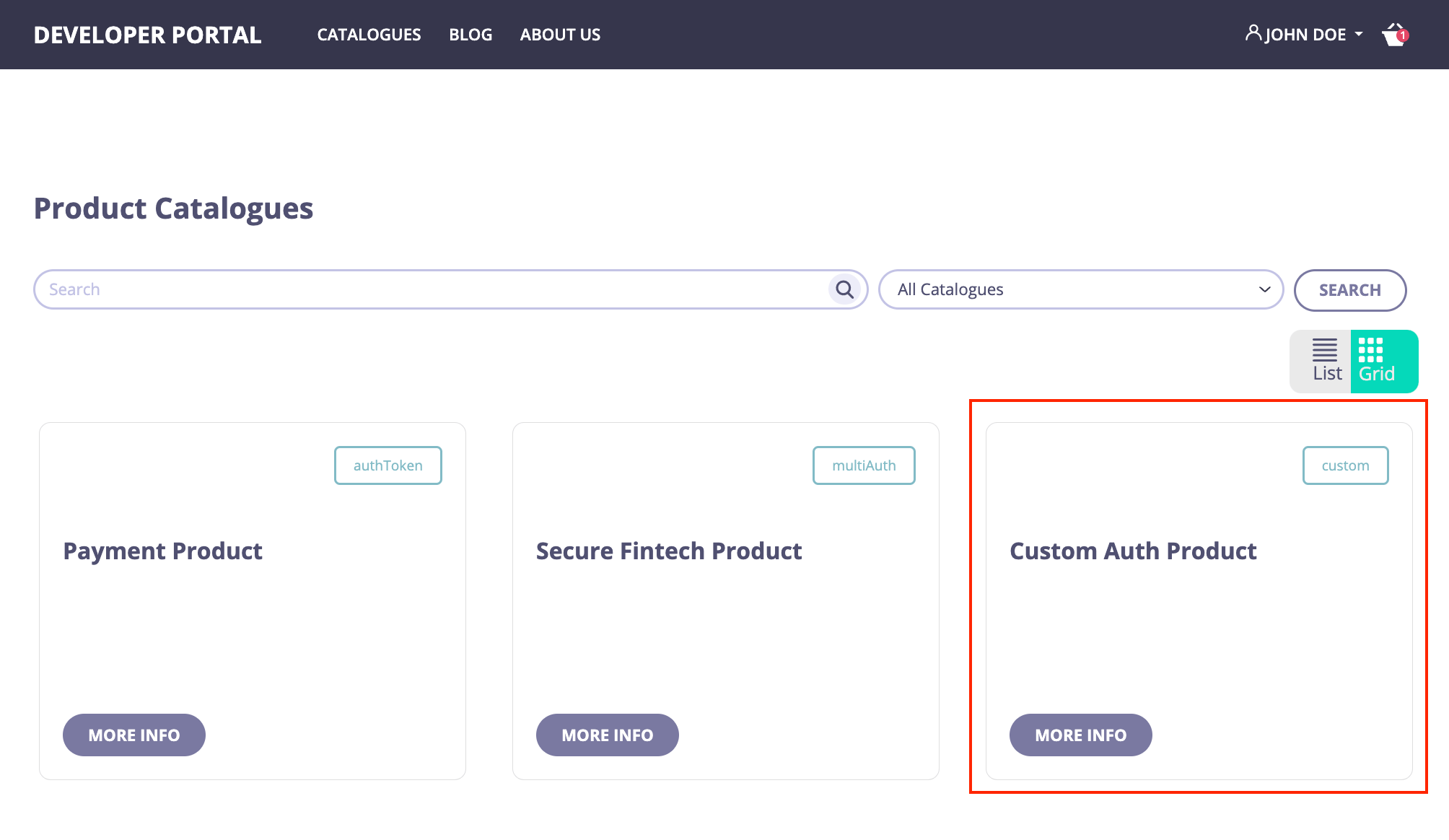 Custom auth API Product is published in the portal