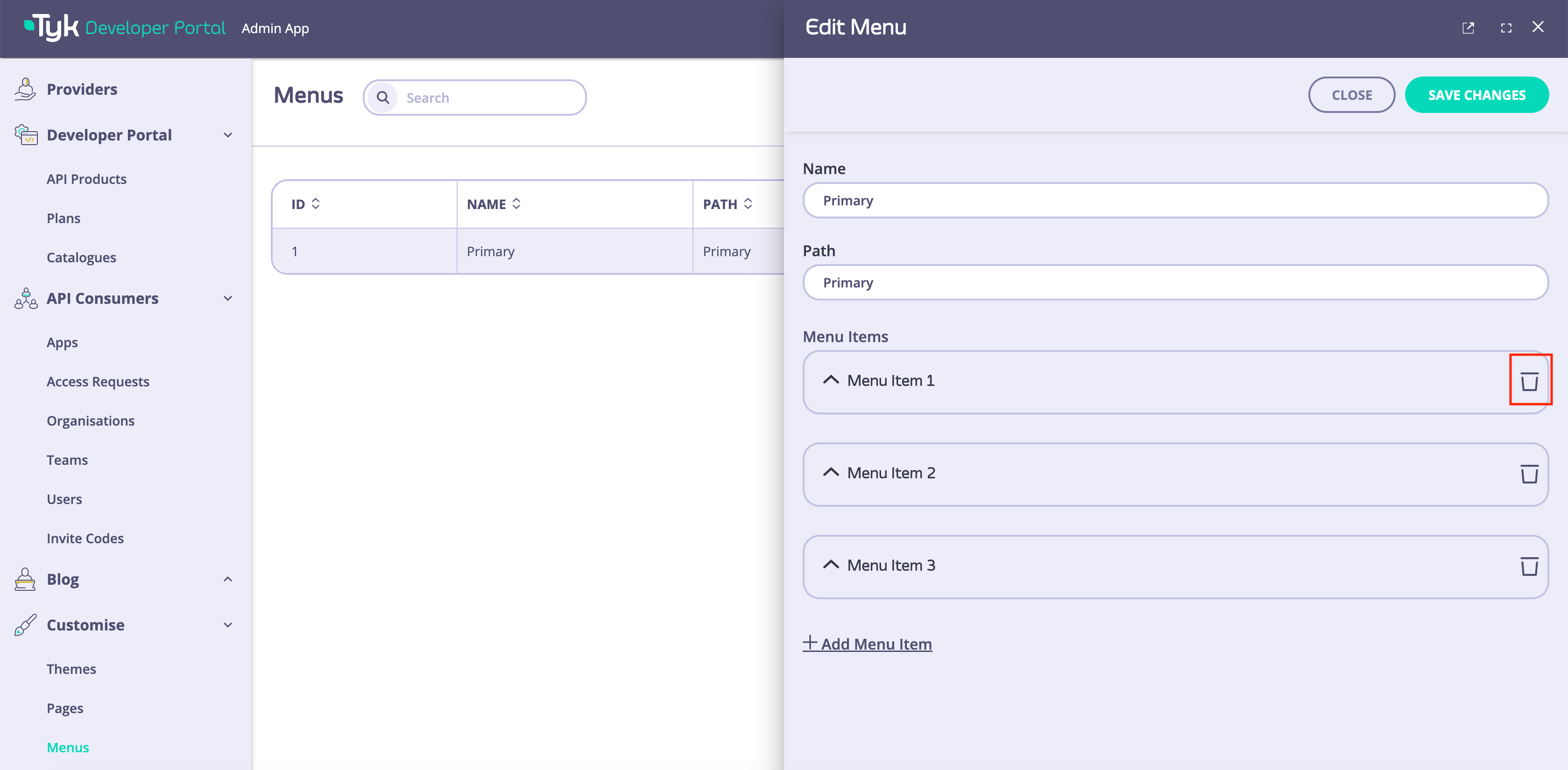 Delete a menu item