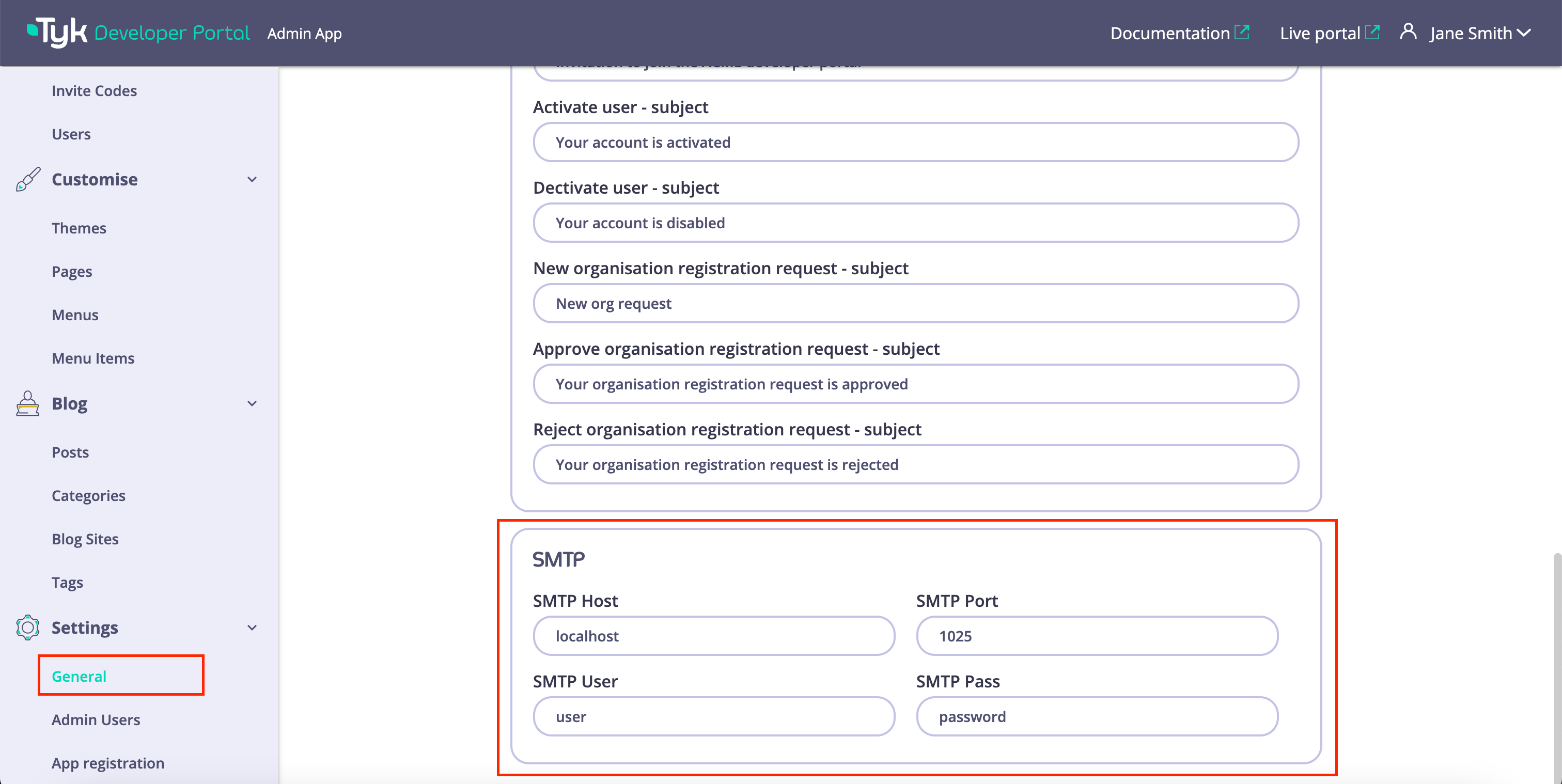 SMTP settings