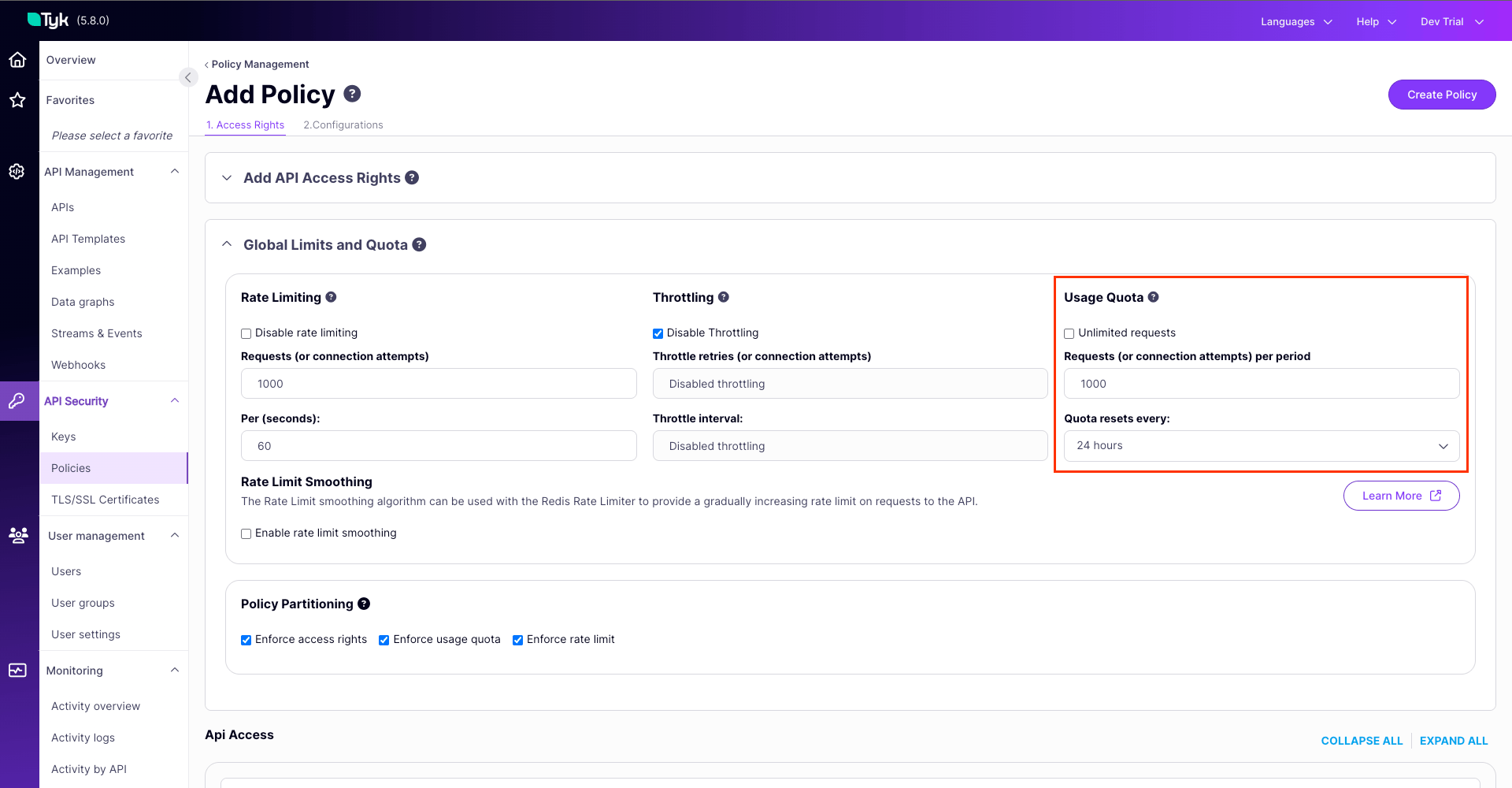 policy with request quota configured