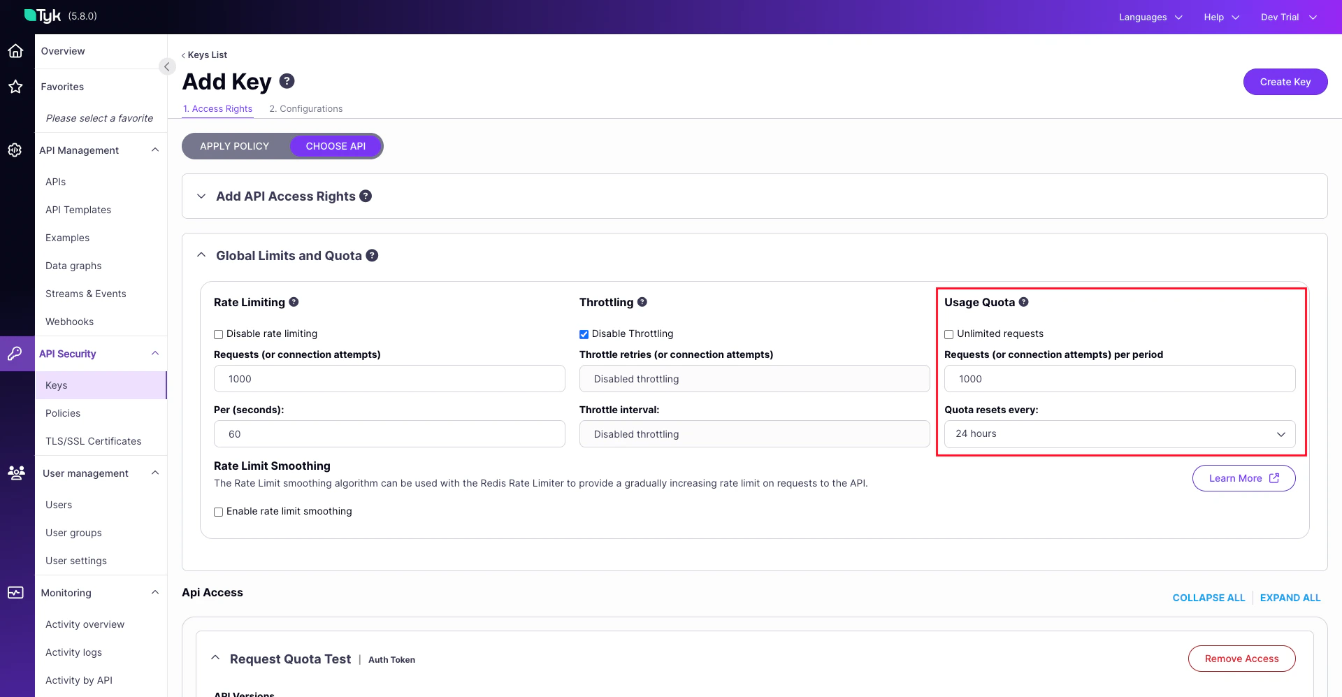 policy with request quota configured