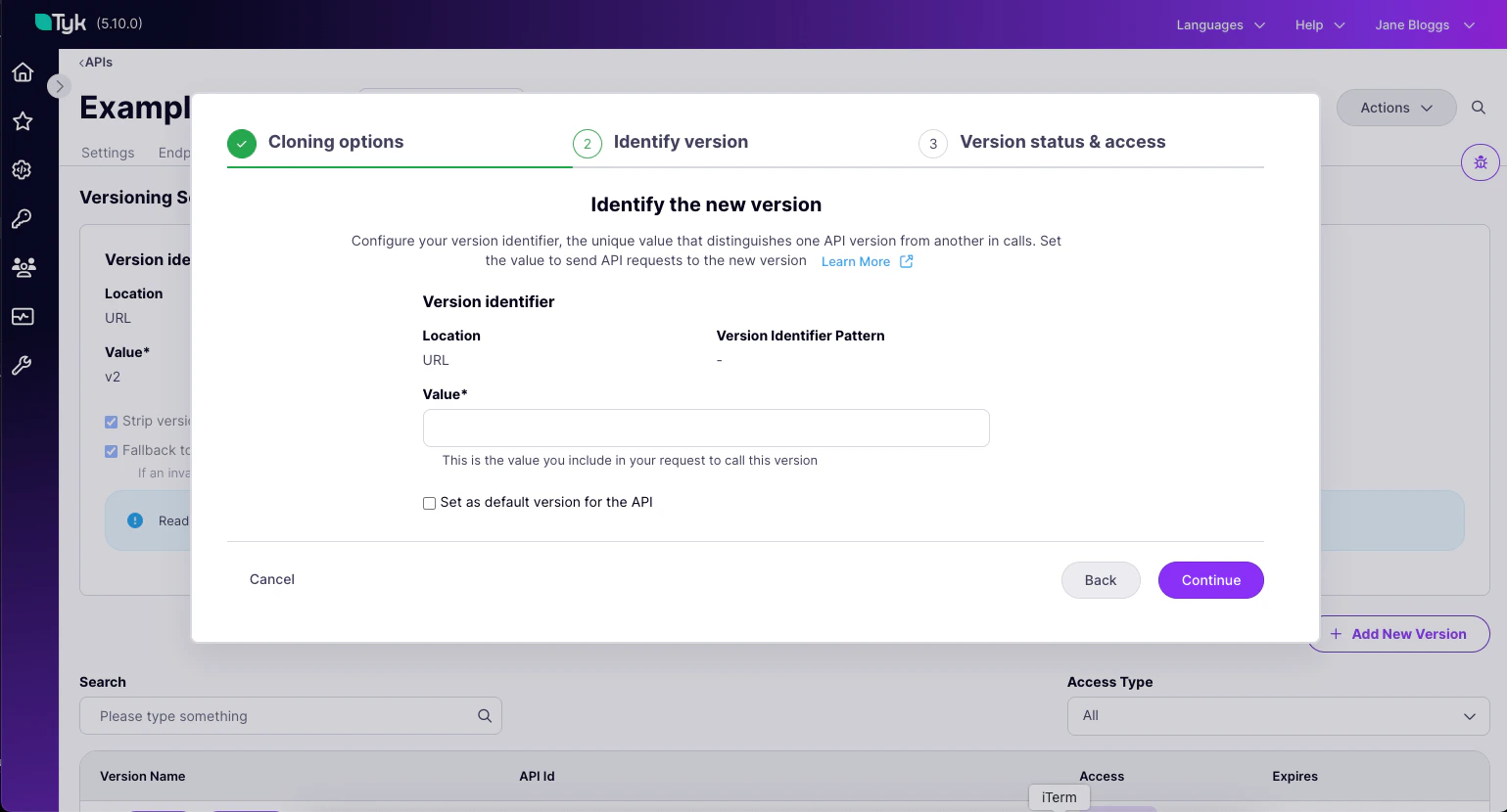 Configuring the version identifier from the version creation wizard