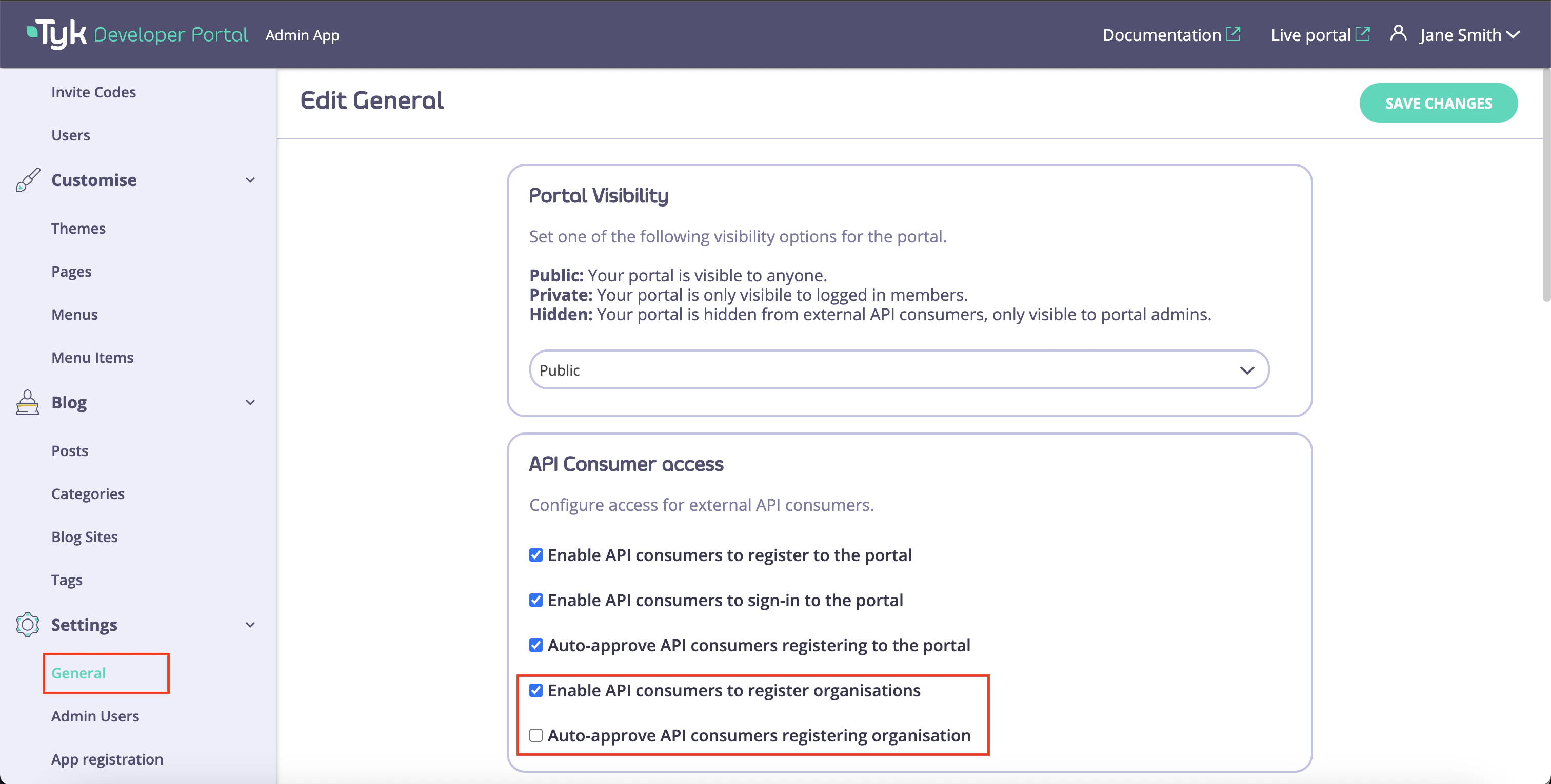 Organisation registration settings
