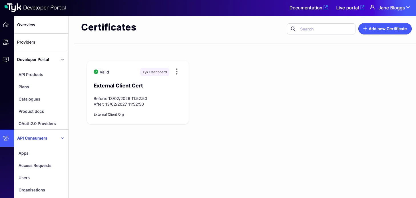 The Developer Portal's Certificate Store view
