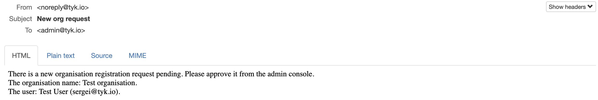 New Organisation registration request notification