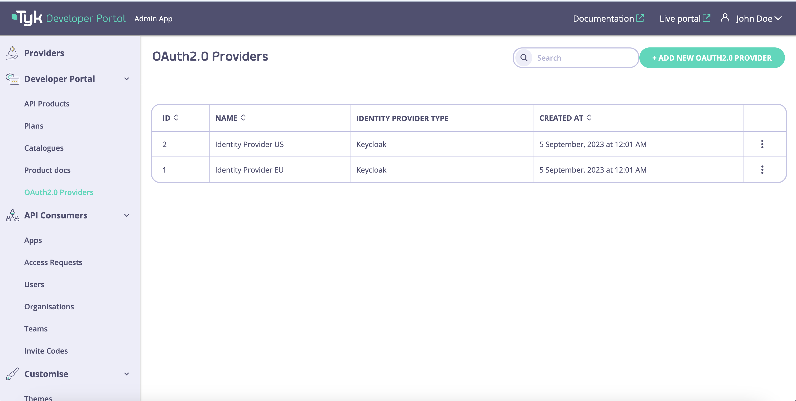 OAuth2.0 providers page