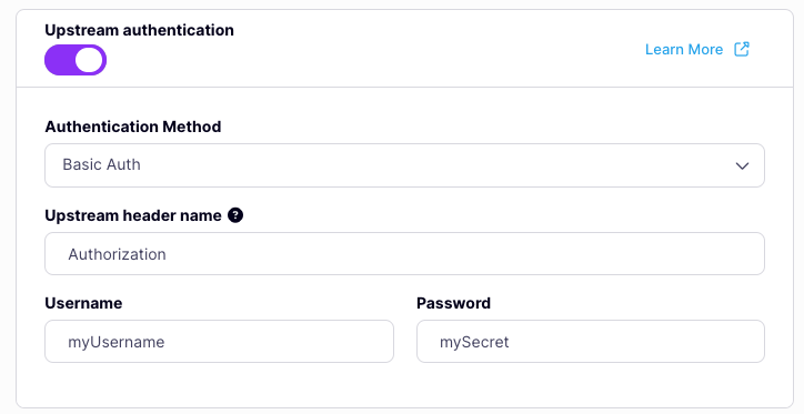 Tyk OAS API Designer showing Upstream Basic Auth configuration options
