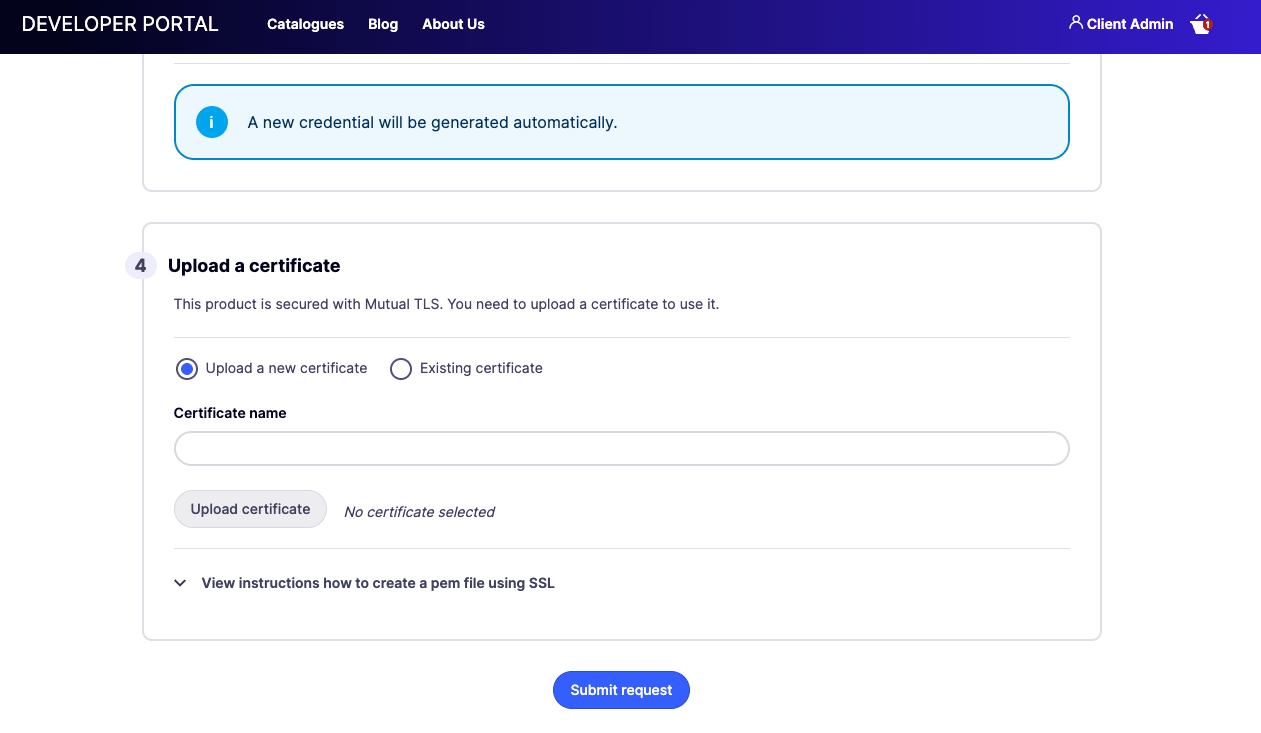 Prompted to provide a client certificate when requesting access to an API Product secured in self-serve mode