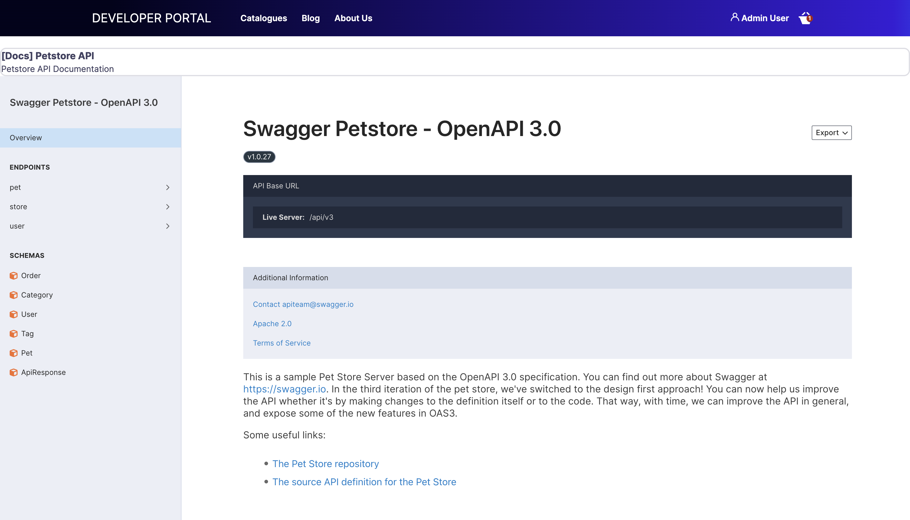 The API specification tab showing a rendered OpenAPI specification in Redoc, with endpoint navigation on the left and schema details on the right