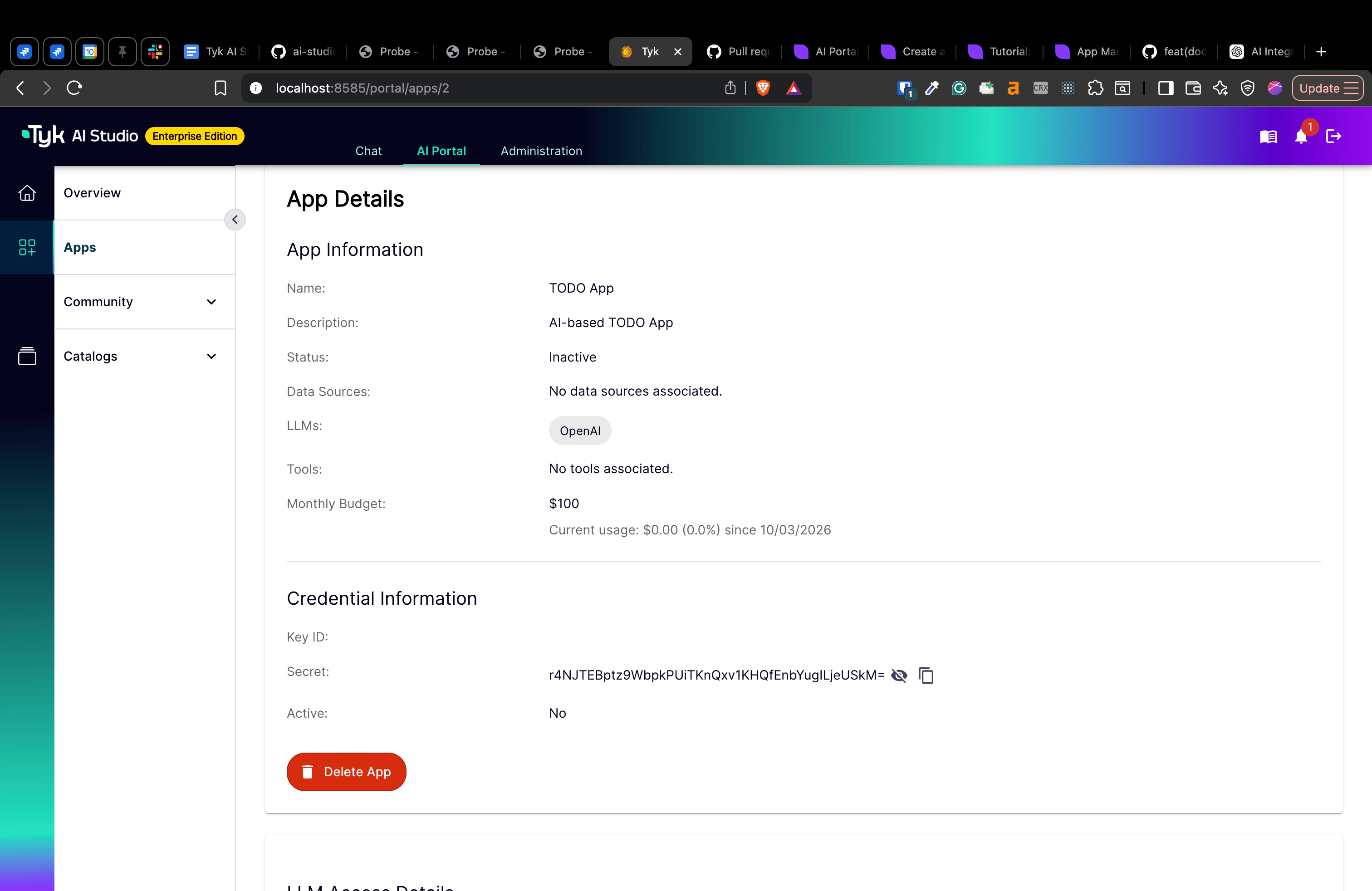 AI Portal View App Credentials